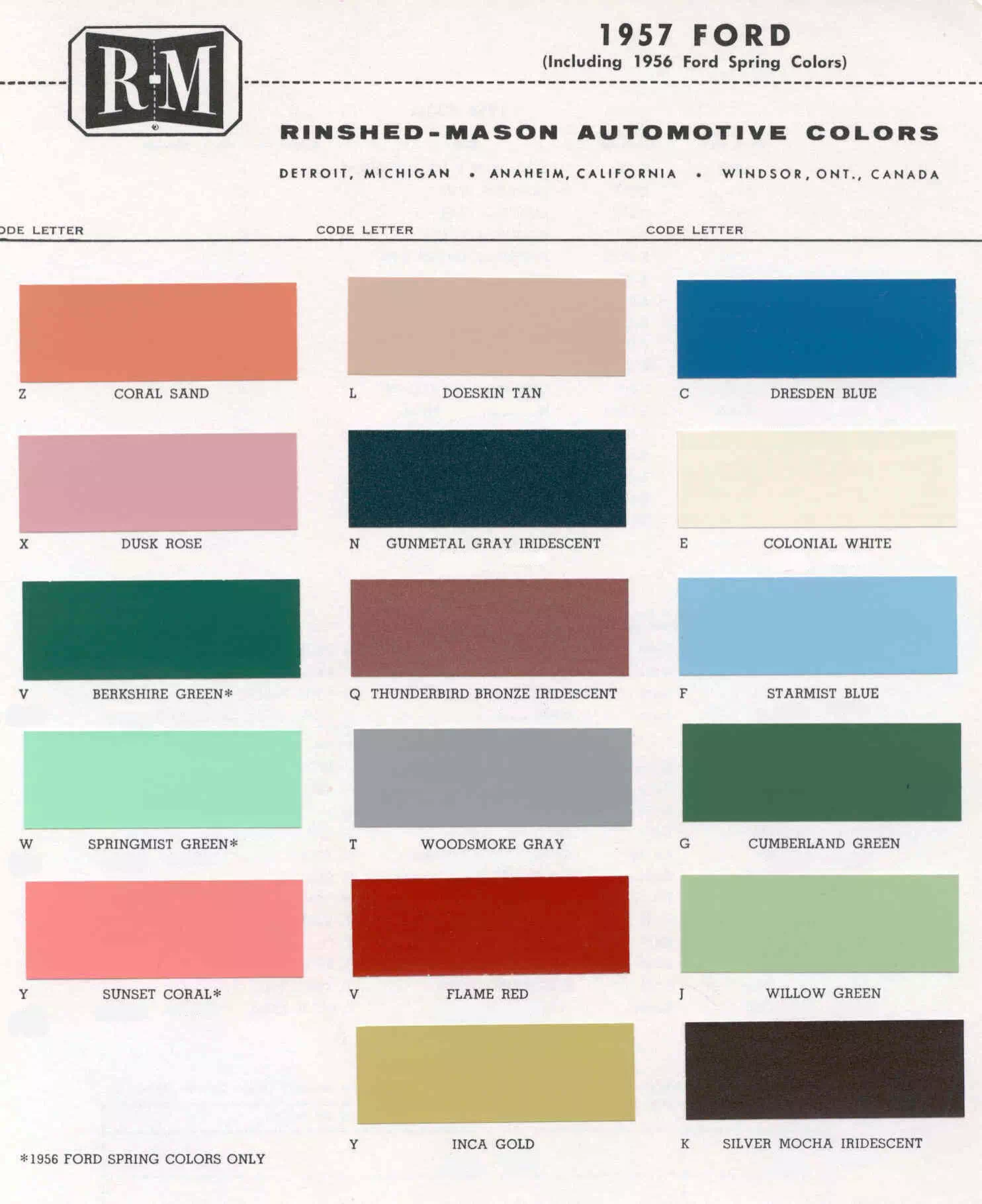 exterior colors, their codes, and example swatches used on the exterior of the vehicles in 1957