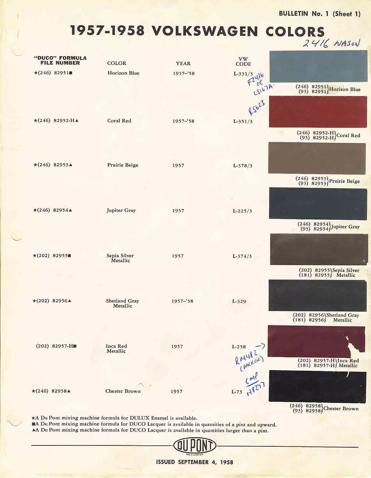 Paint color examples, their ordering codes, the oem color code, and vehicles the color was used on