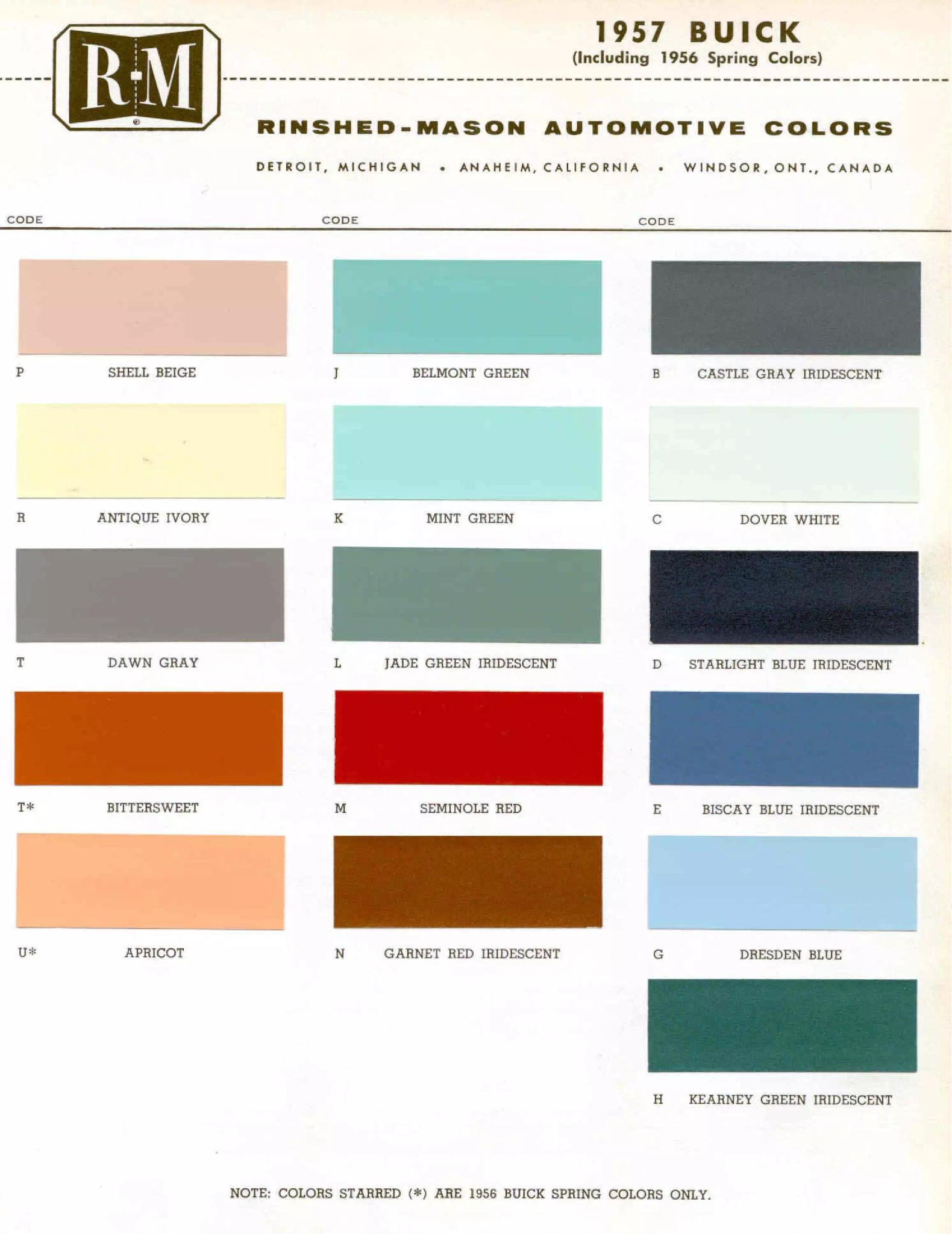 1956 Spring Colors & 1957 Buick Paint Chart Buick color chart that contains color codes and paint swatches for the exterior color of a Buick vehicle.