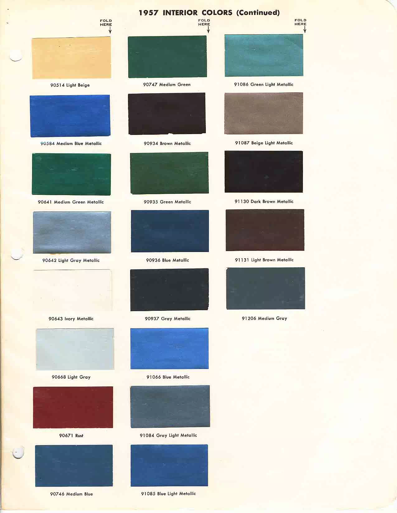 1957 Ford Interior Paint Chart exterior colors, their codes, and example swatches used on the exterior of the vehicles in 1957