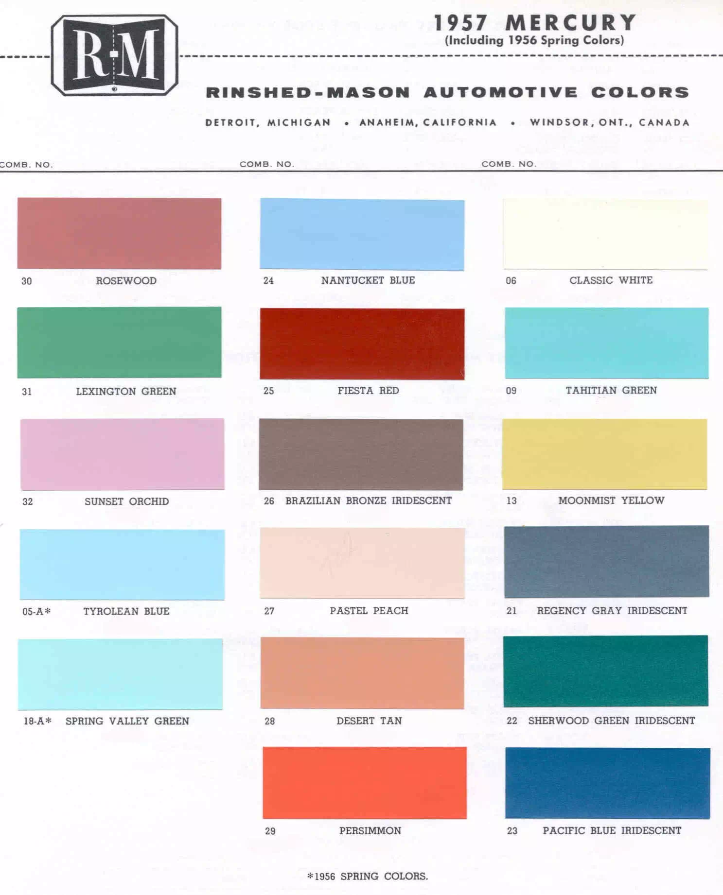 exterior colors, their codes, and example swatches used on the exterior of the vehicles in 1957