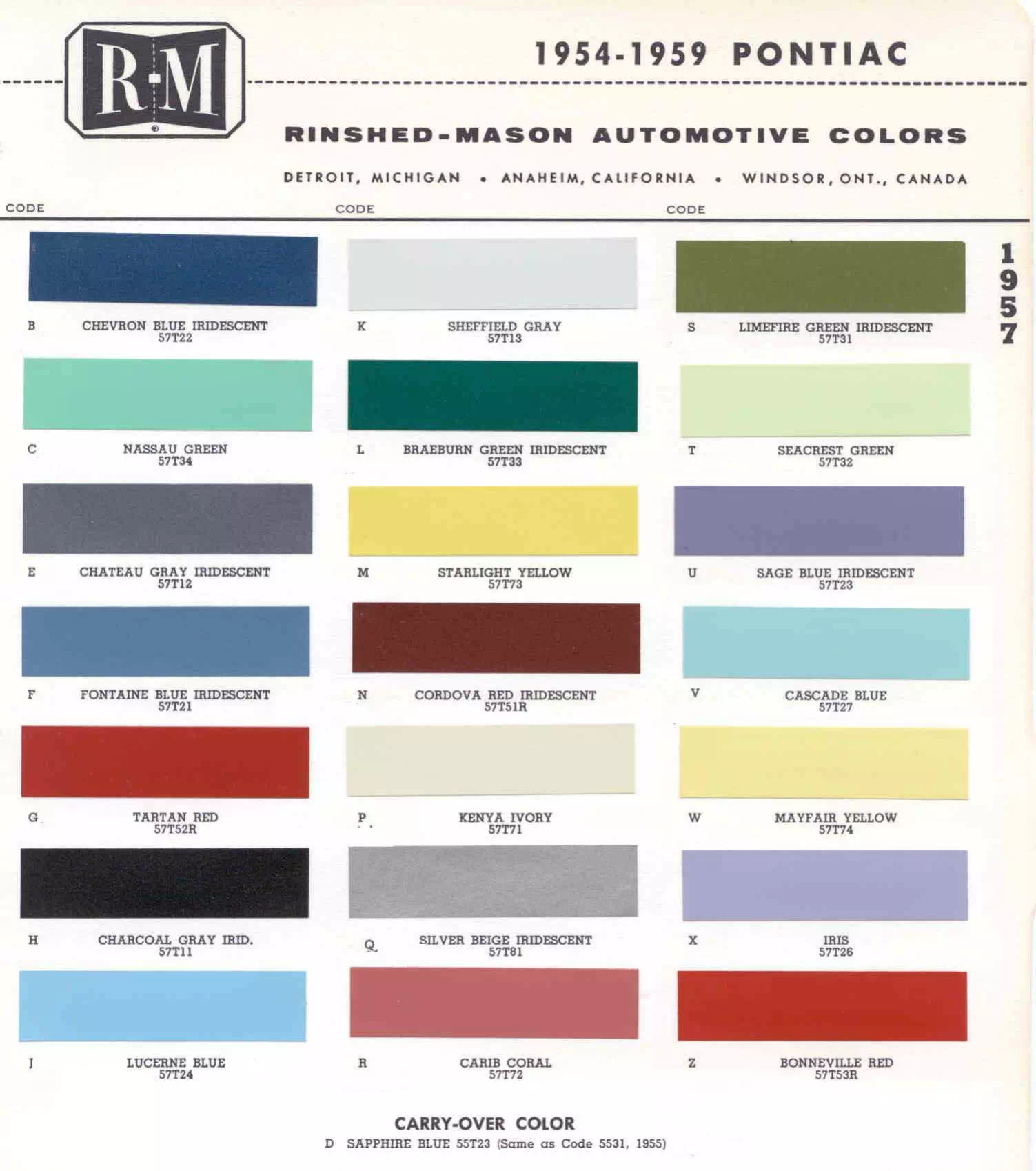 Chart that shows the Colors used on Pontiac Vehicles and the Code to look them up.