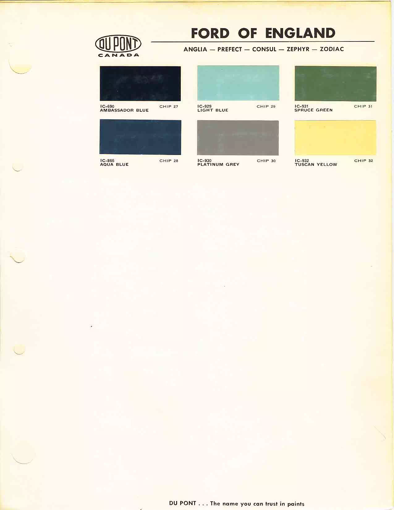 1957-1961 Ford of England Paint Chart exterior colors, their codes, and example swatches used on the exterior of the vehicles in 1957