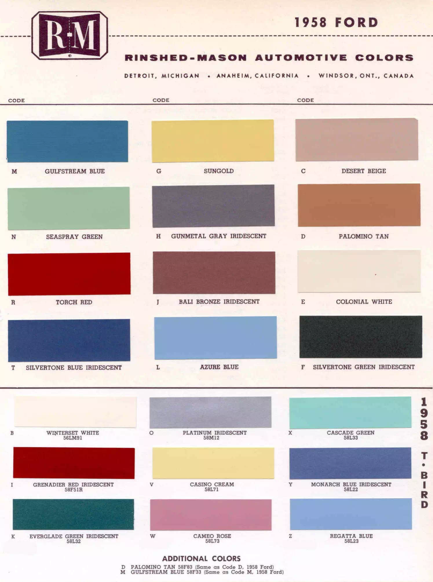 exterior colors, their codes, and example swatches used on the exterior of the vehicles in 1958