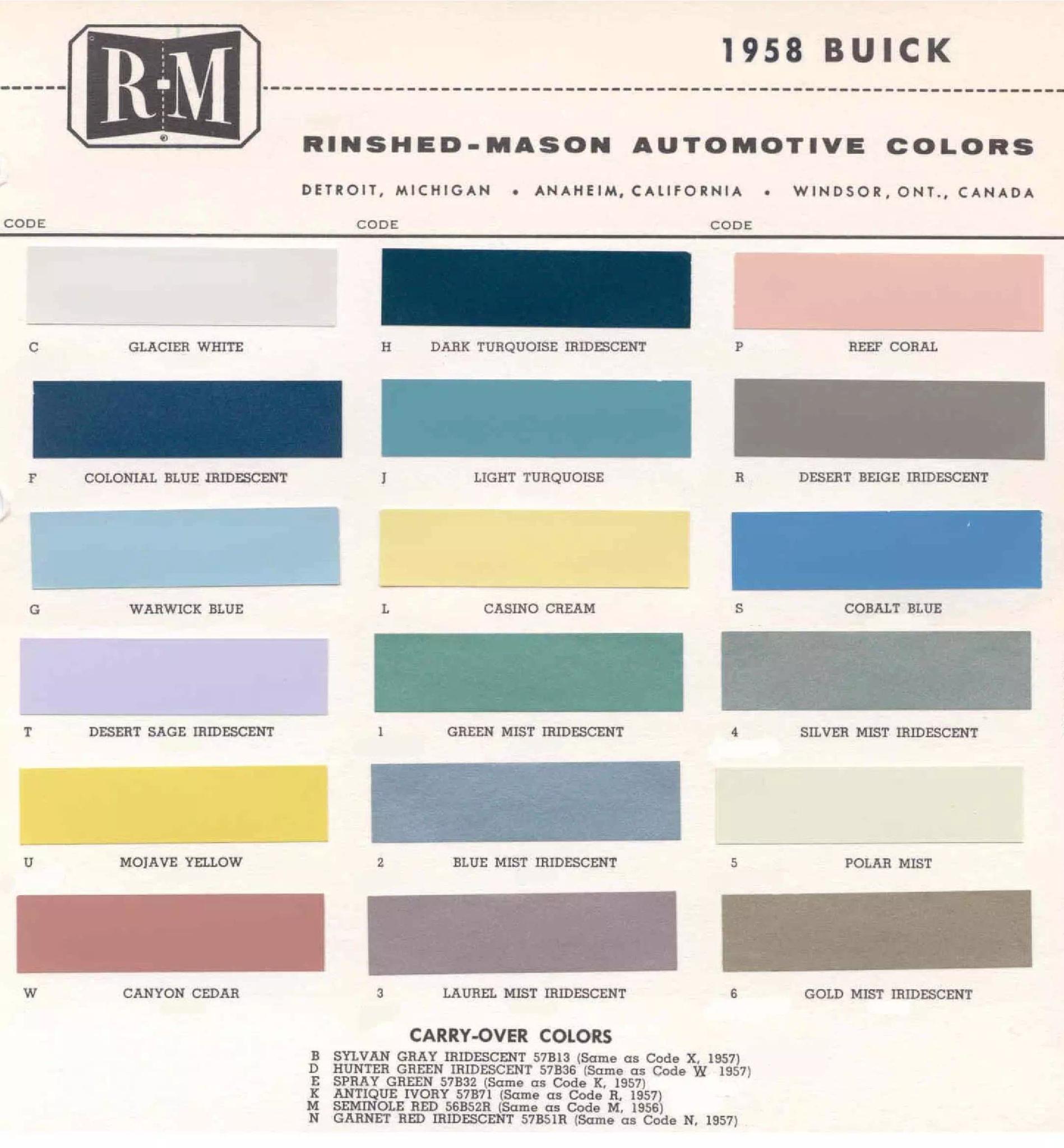 1958 Buick Paint Chart Buick color chart that contains color codes and paint swatches for the exterior color of a Buick vehicle.