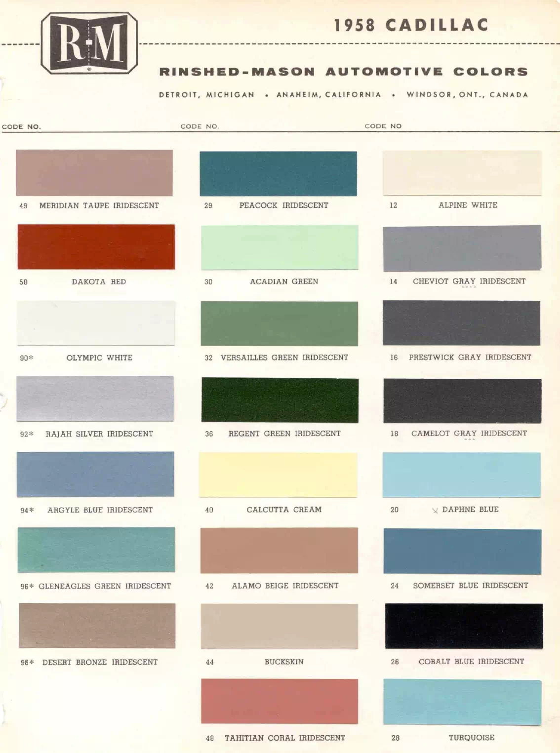 Paint color examples, their ordering codes, the oem color code, and vehicles the color was used on