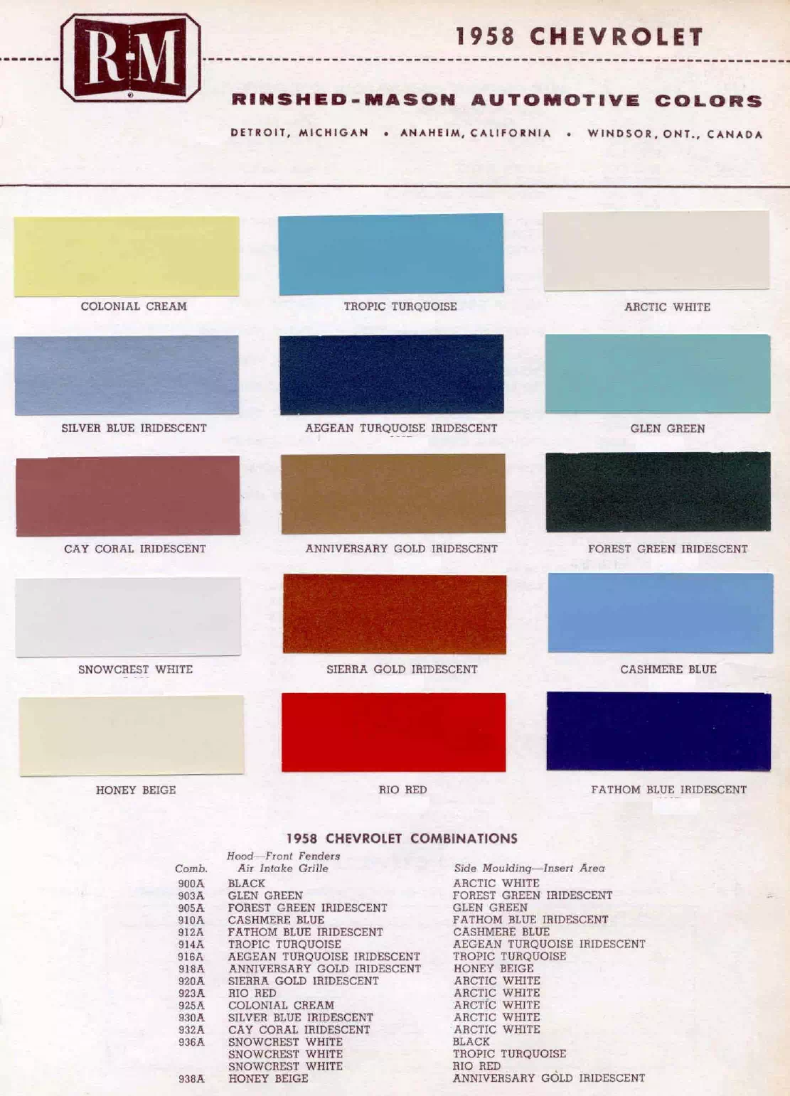 Paint color examples, their ordering codes, the oem color code, and vehicles the color was used on