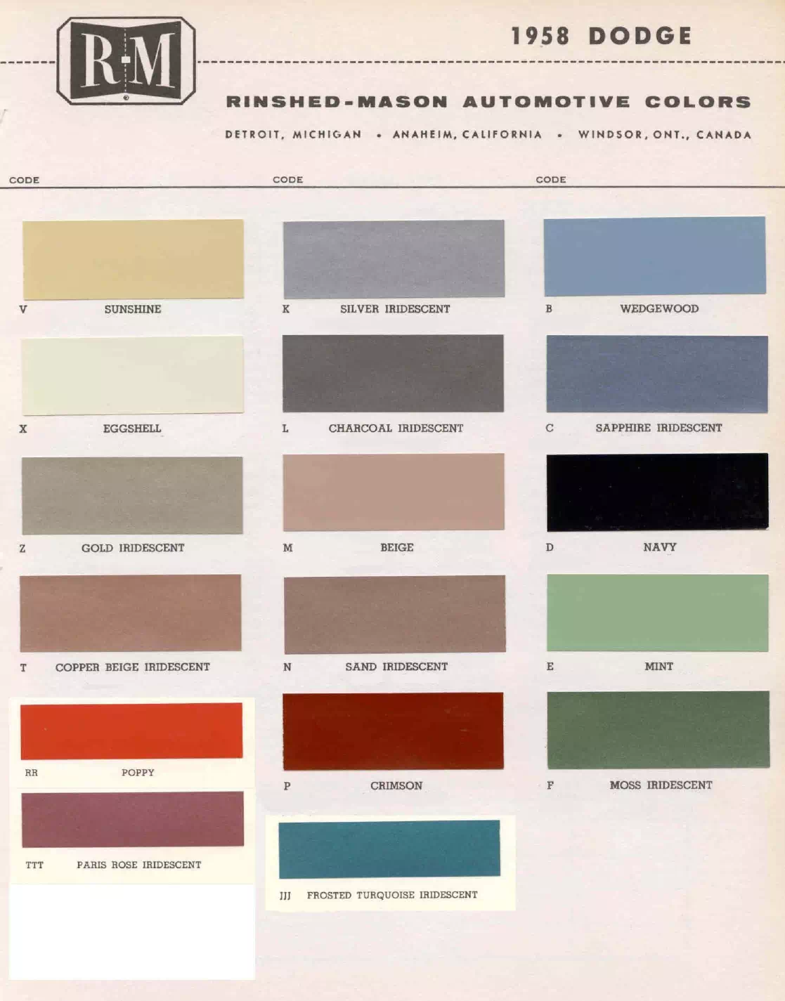 Paint color examples, their ordering codes, the oem color code, and vehicles the color was used on