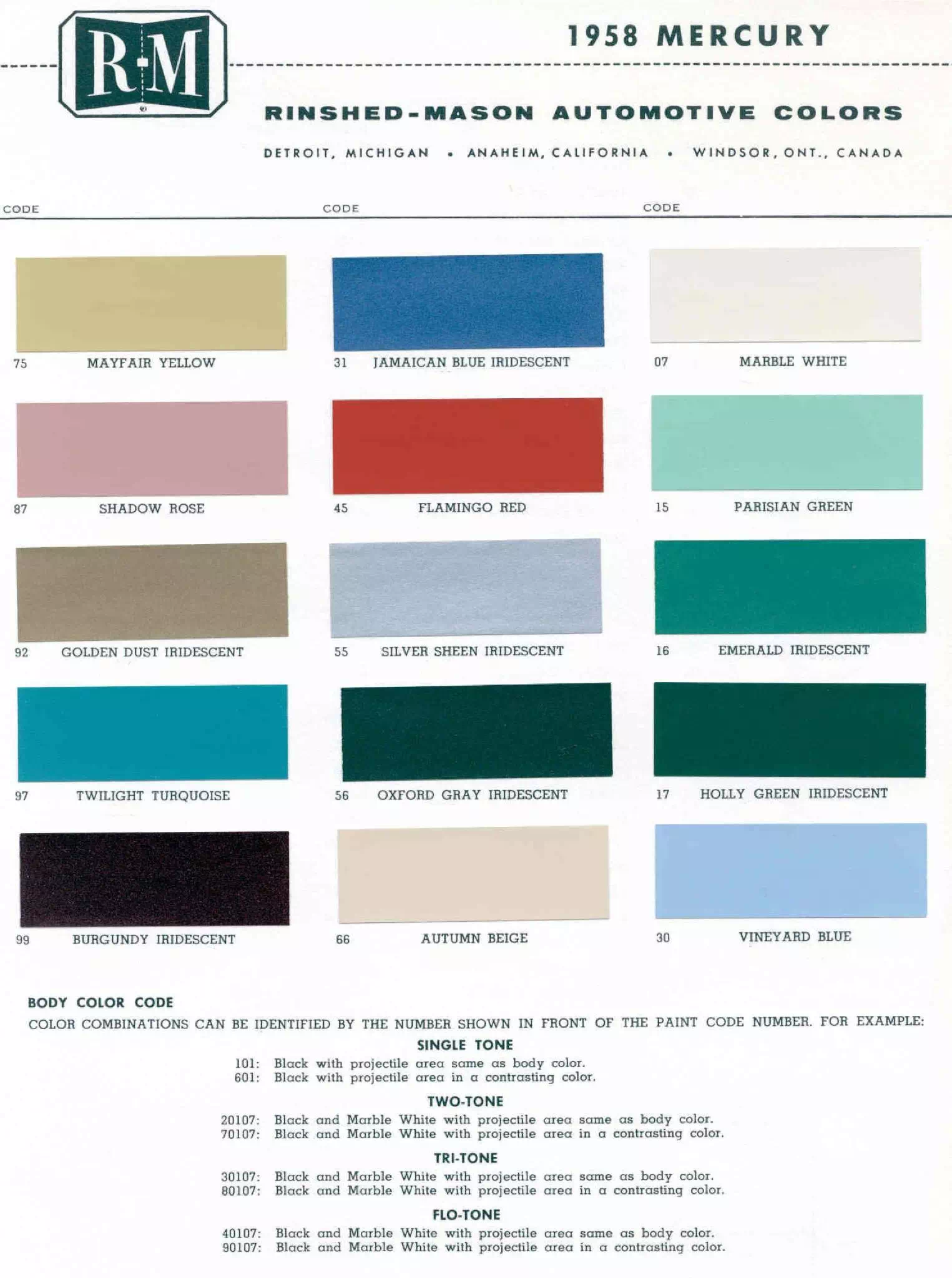1958 Mercury Paint Chart and Paint Codes Color examaples and the codes to look them up to get touch up paint or respray for Mercury Vehicles