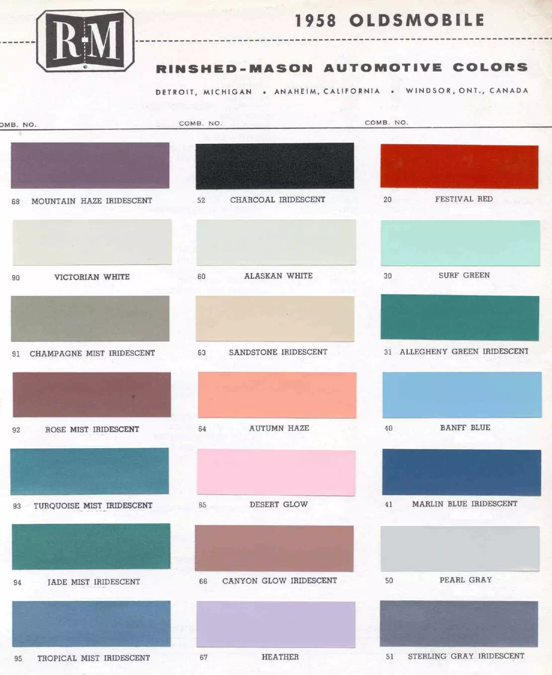 Paint color examples, their ordering codes, the oem color code, and vehicles the color was used on