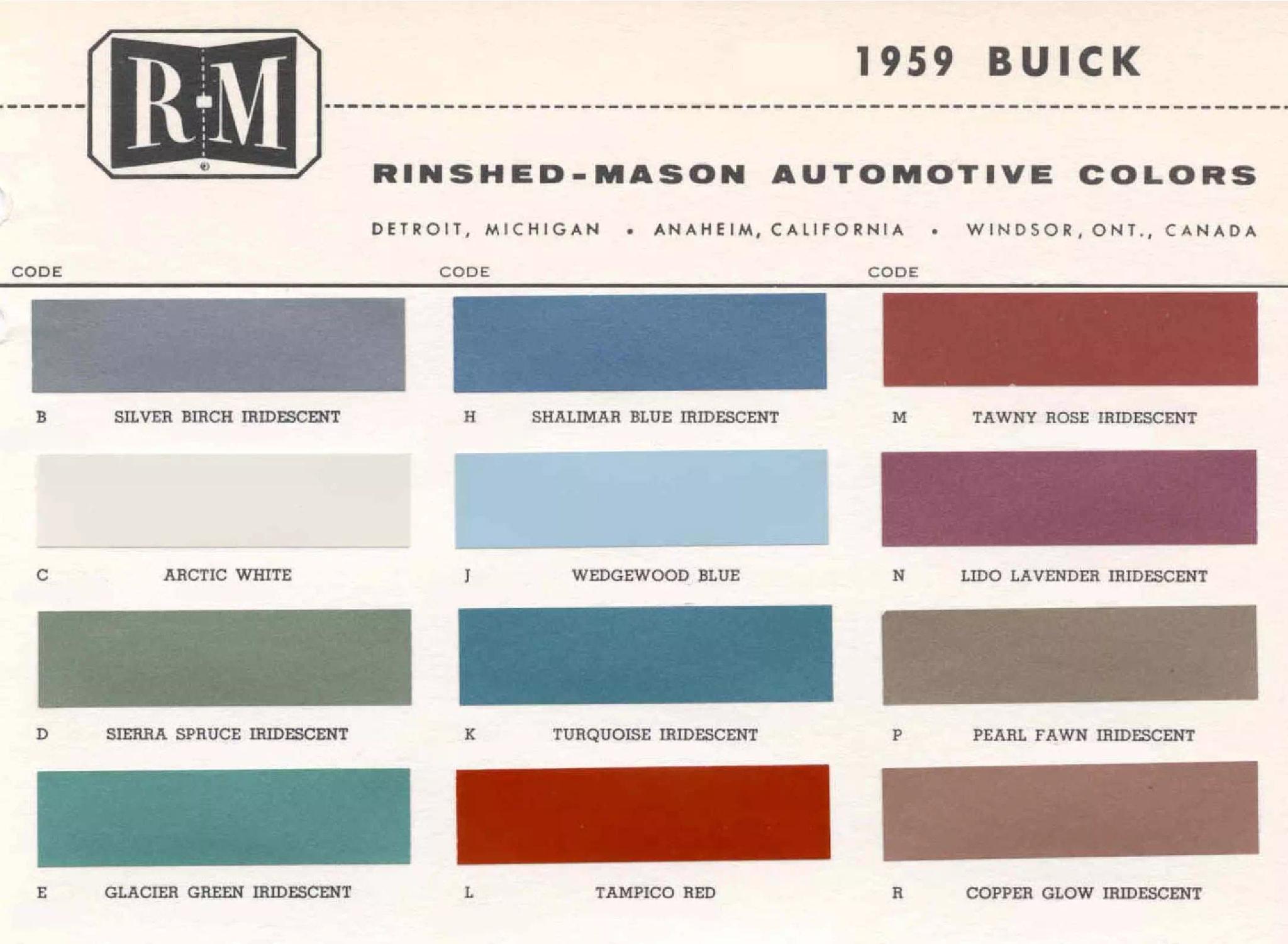 1959 Buick Paint Chart Buick color chart that contains color codes and paint swatches for the exterior color of a Buick vehicle.