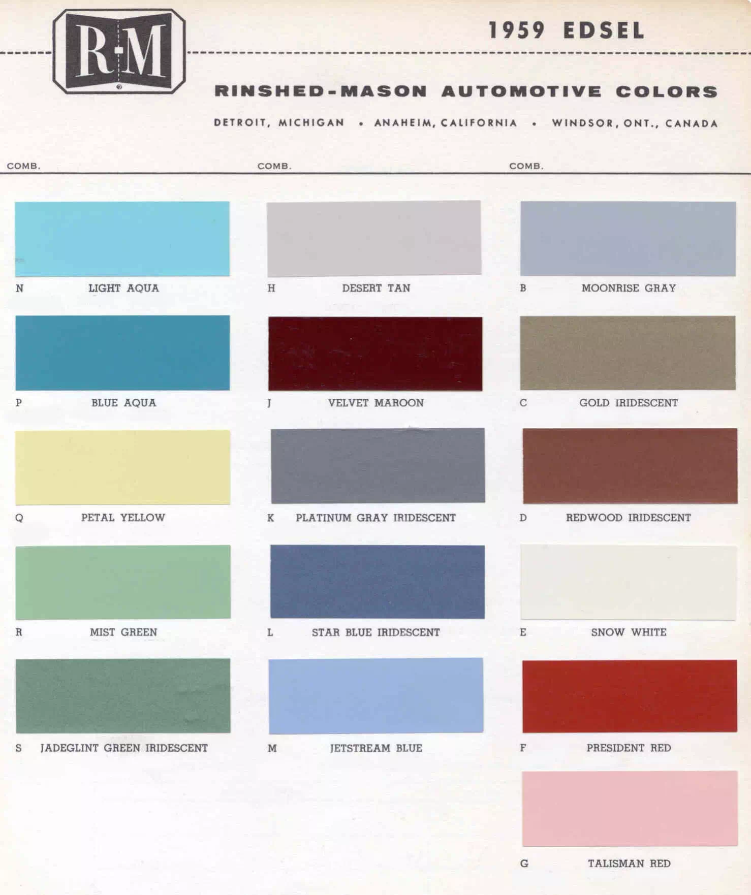 exterior colors, their codes, and example swatches used on  vehicles in 1959