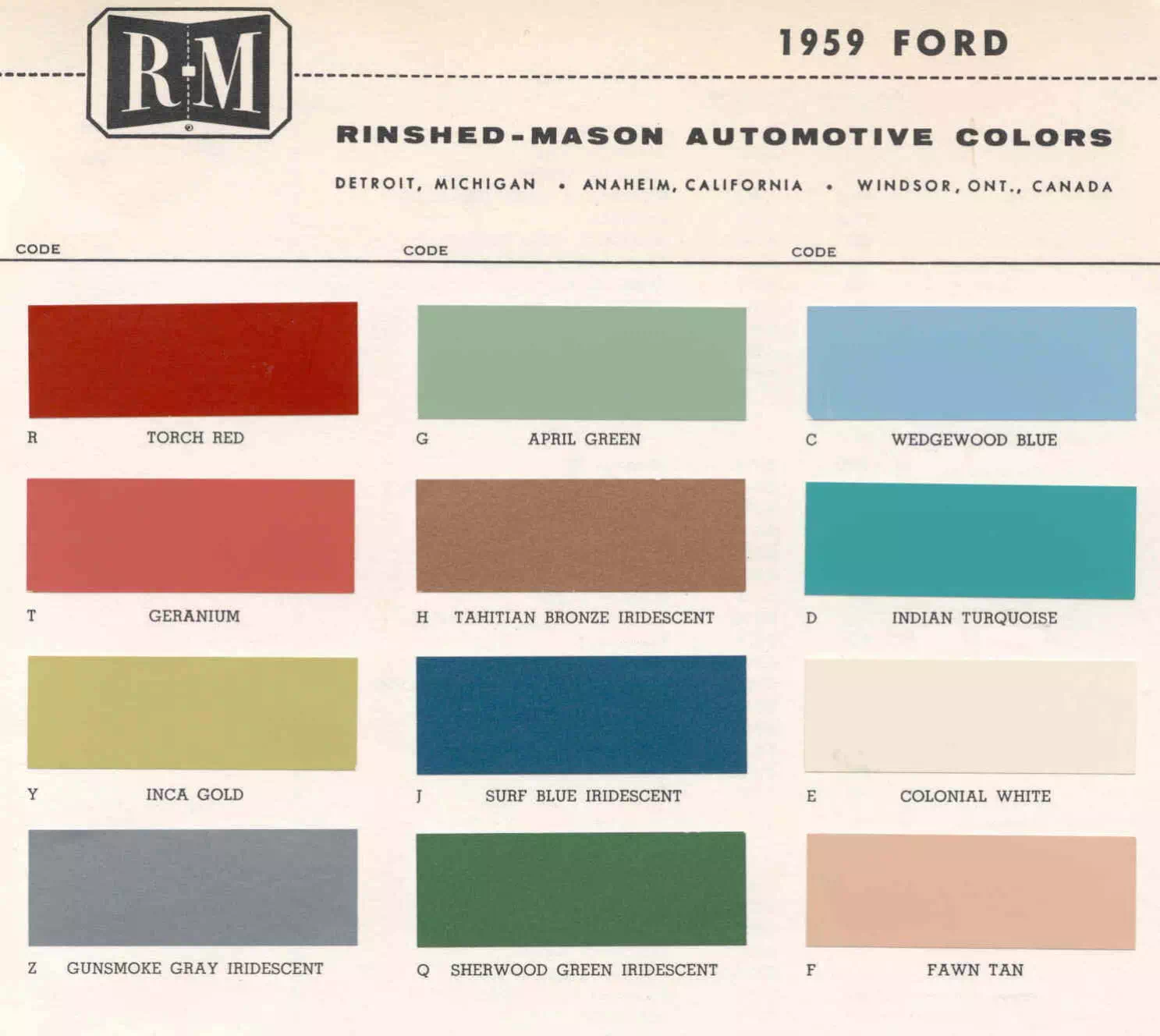 exterior colors, their codes, and example swatches used on  vehicles in 1959