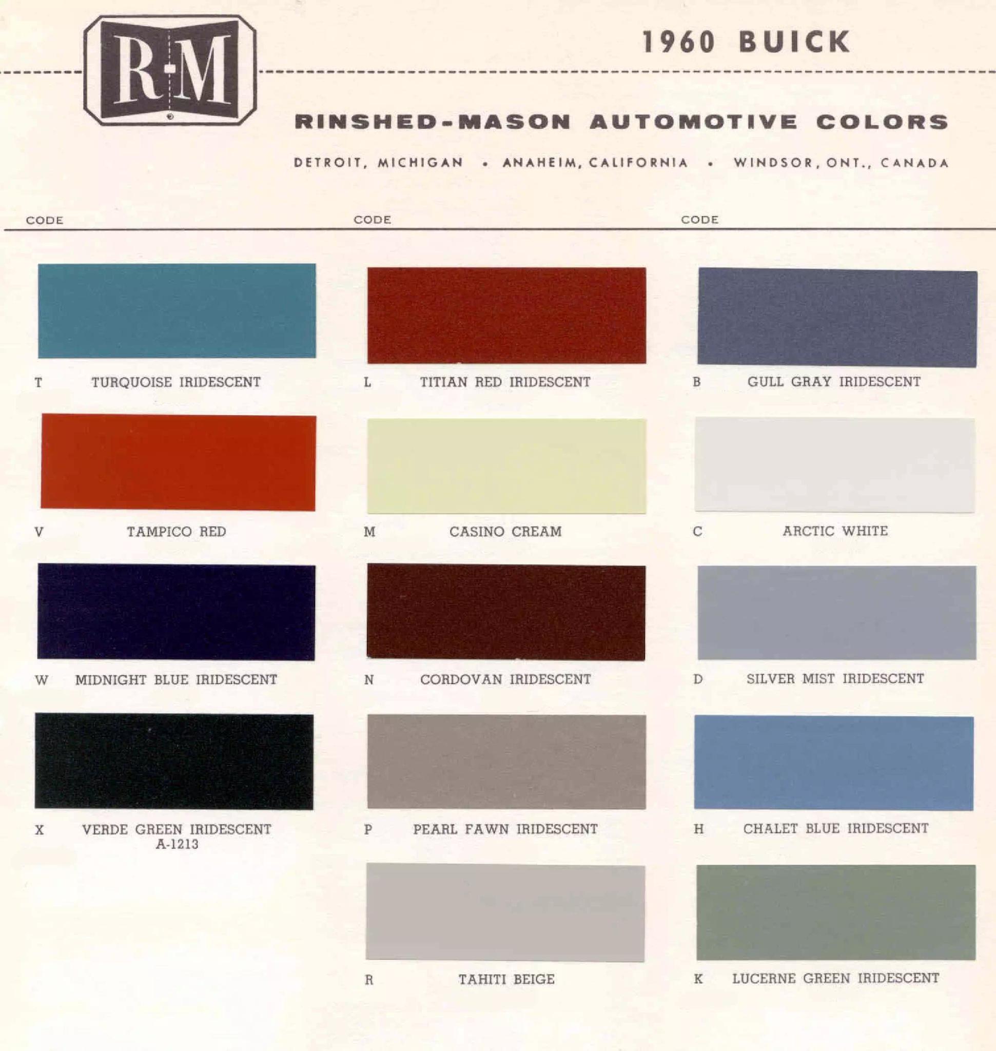 1960 Buick Paint Chart Buick color chart that contains color codes and paint swatches for the exterior color of a Buick vehicle.