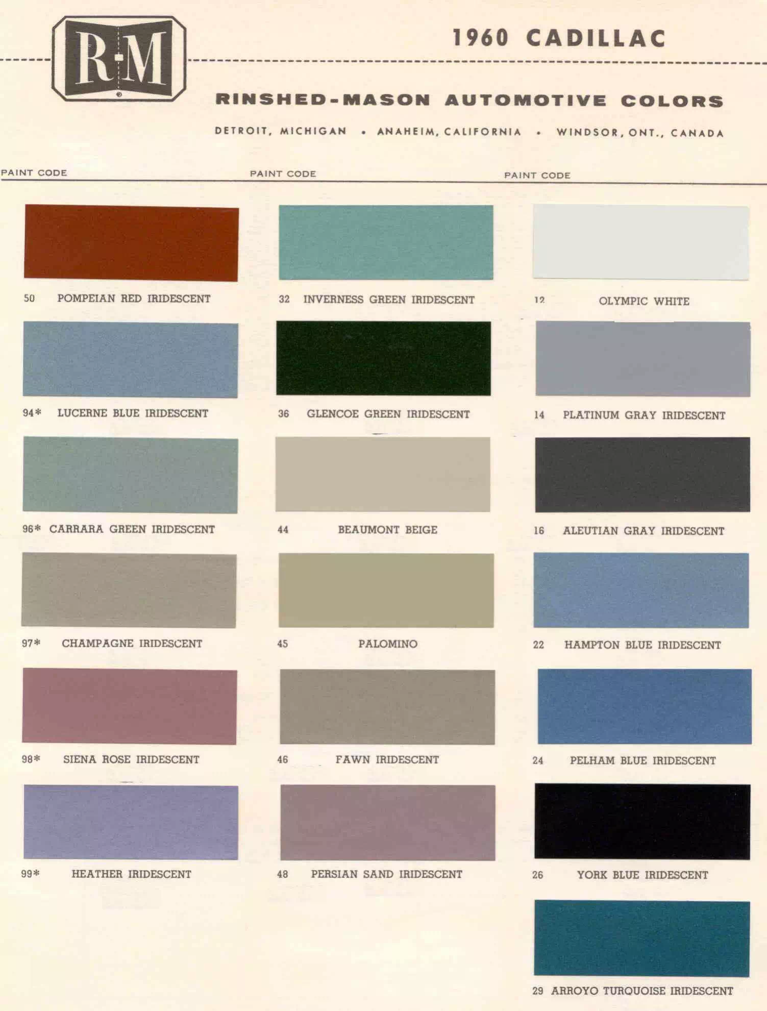 Color Examples and their codes for Cadillac Vehicles