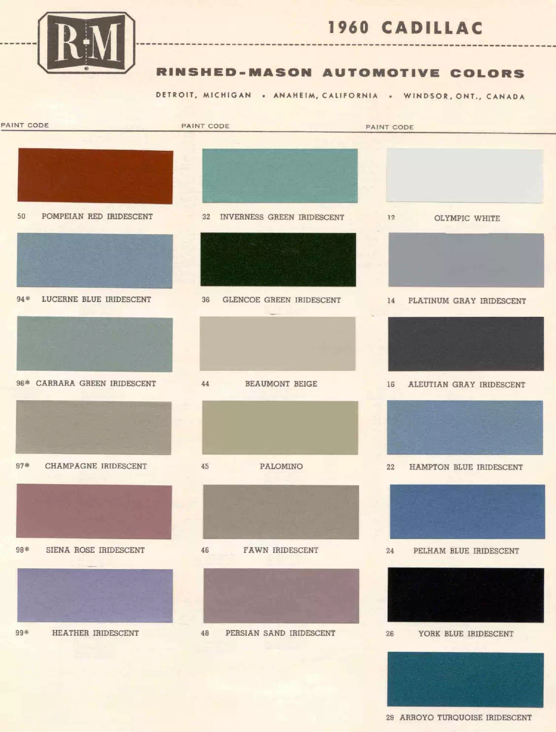 Paint color examples, their ordering codes, the oem color code, and vehicles the color was used on