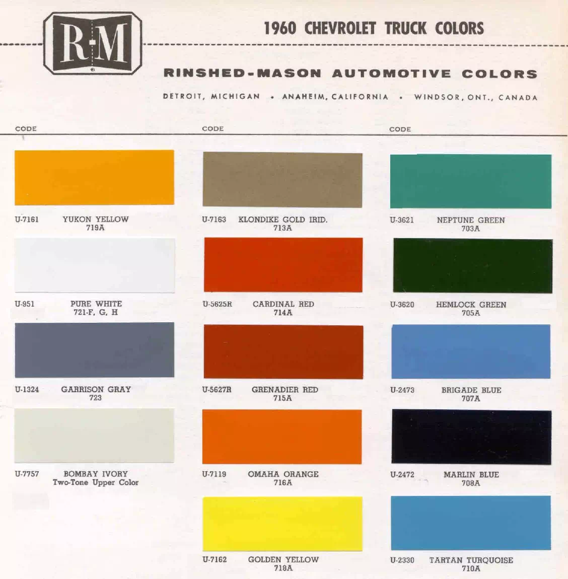 Paint color examples, their ordering codes, the oem color code, and vehicles the color was used on