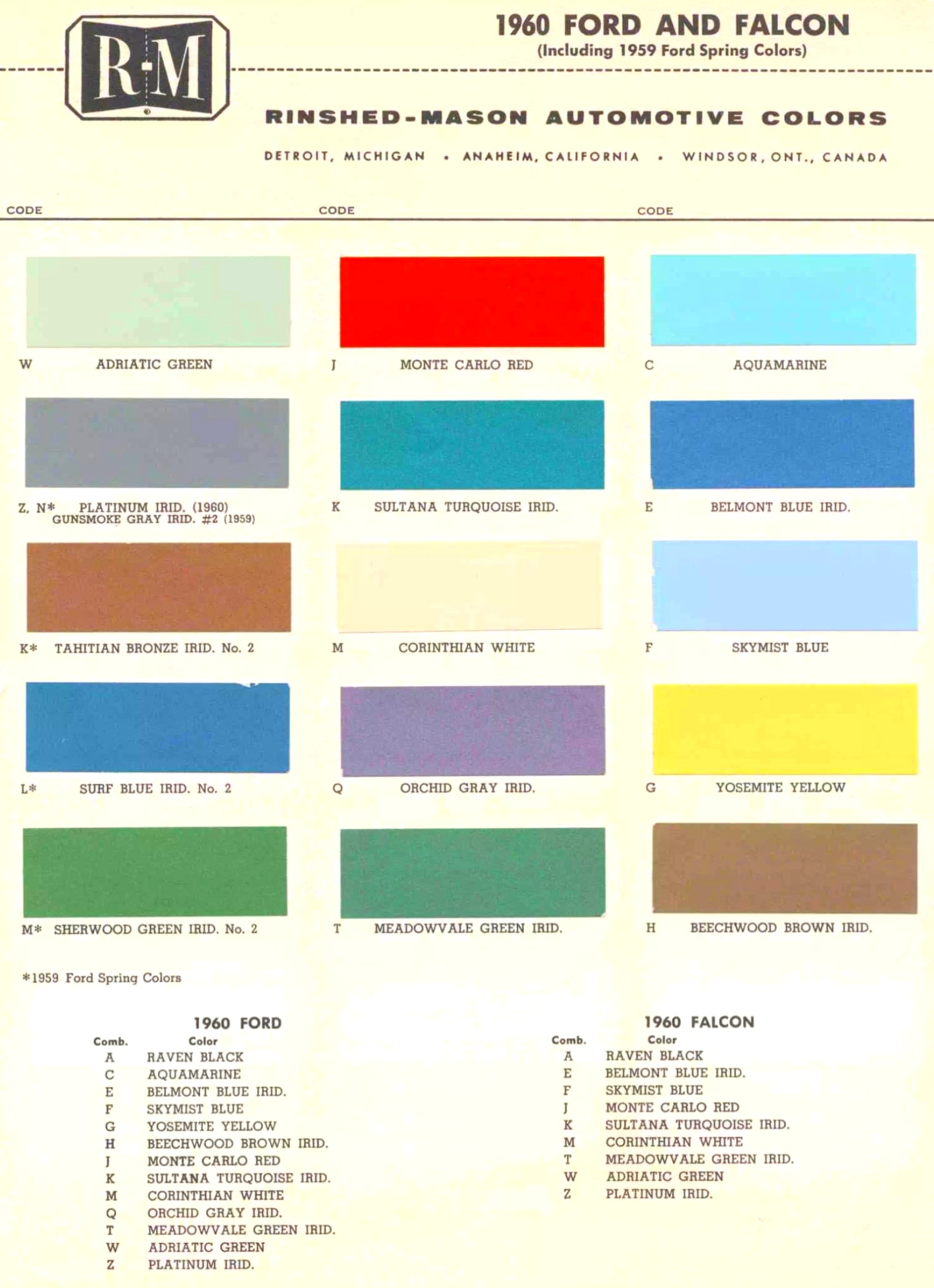 1960 Ford Paint Codes & Color Chart Color examples, Ordering Codes, OEM Paint Code, Color Swatches, and Color Names for the Ford Motor Company in 1960