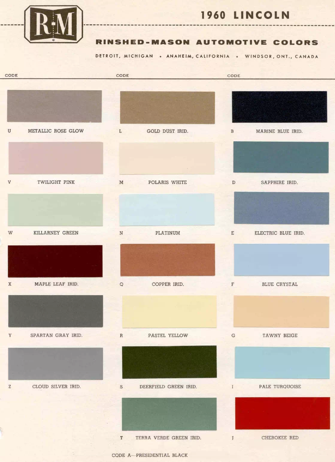 Paint color examples, their ordering codes, the oem color code, and vehicles the color was used on