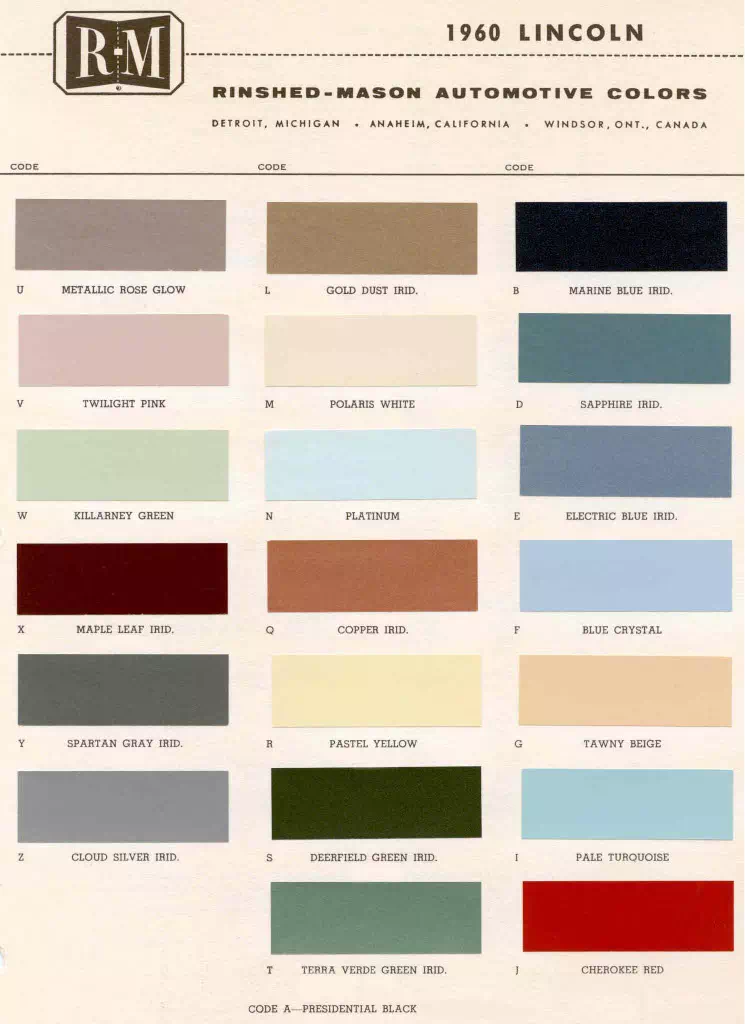 Color examples, Ordering Codes, OEM Paint Code, Color Swatches, and Color Names for the Ford Motor Company in 1960