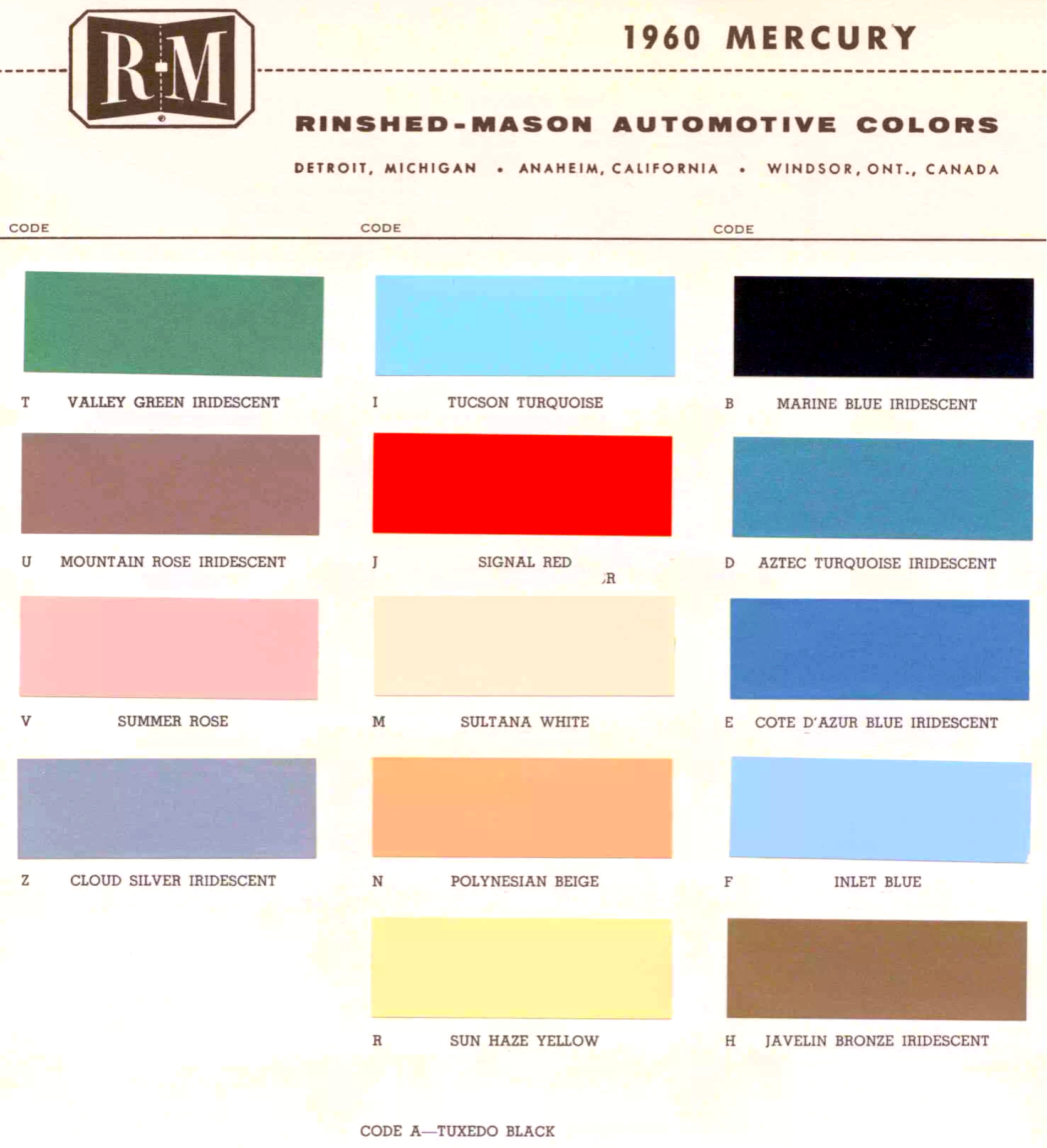 1960 Mercury Paint Codes & Color Chart Color examples, Ordering Codes, OEM Paint Code, Color Swatches, and Color Names for the Ford Motor Company in 1960