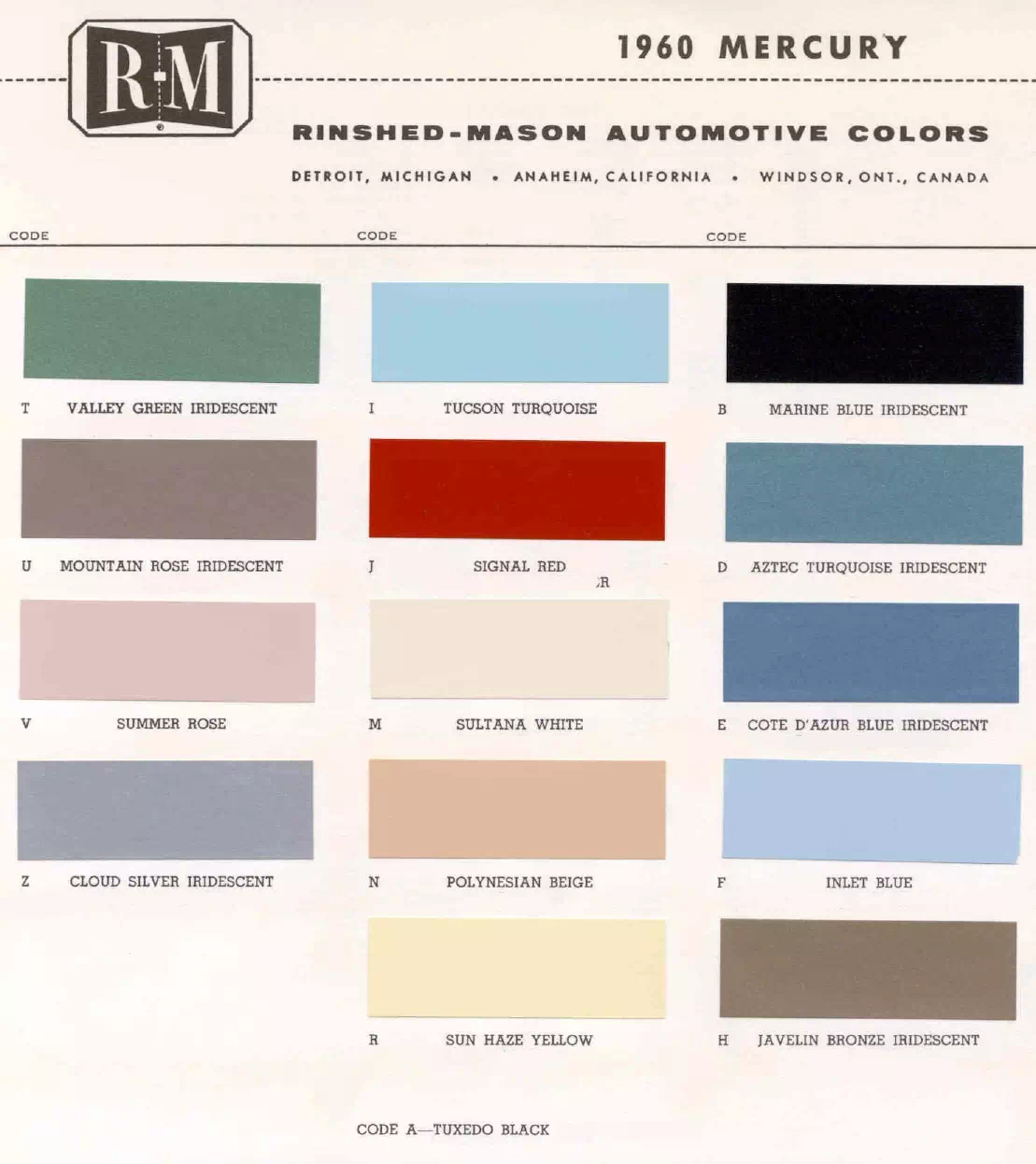 Paint color examples, their ordering codes, the oem color code, and vehicles the color was used on