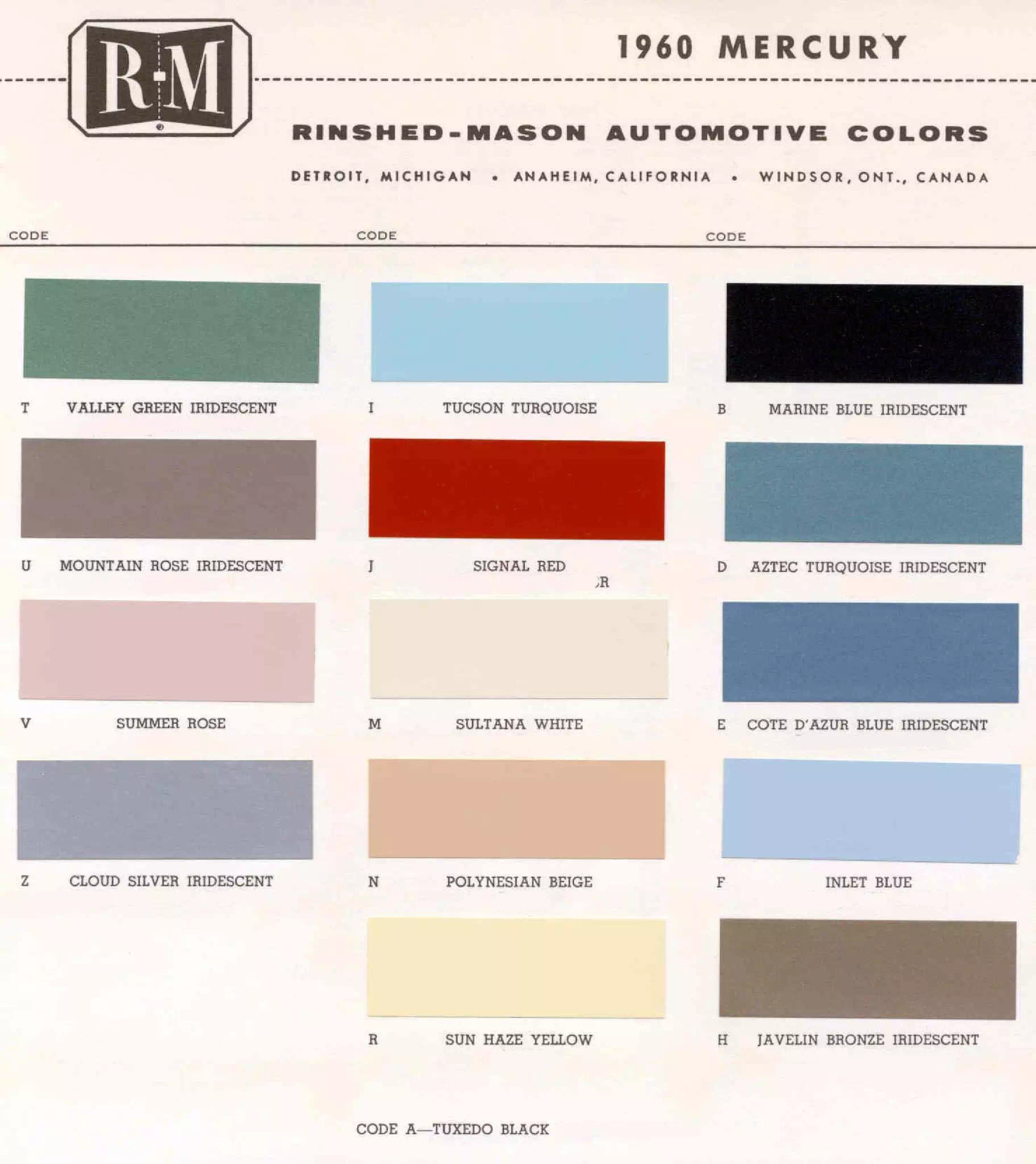 1960 Mercury Paint Chart and Paint Codes Color examaples and the codes to look them up to get touch up paint or respray for Mercury Vehicles