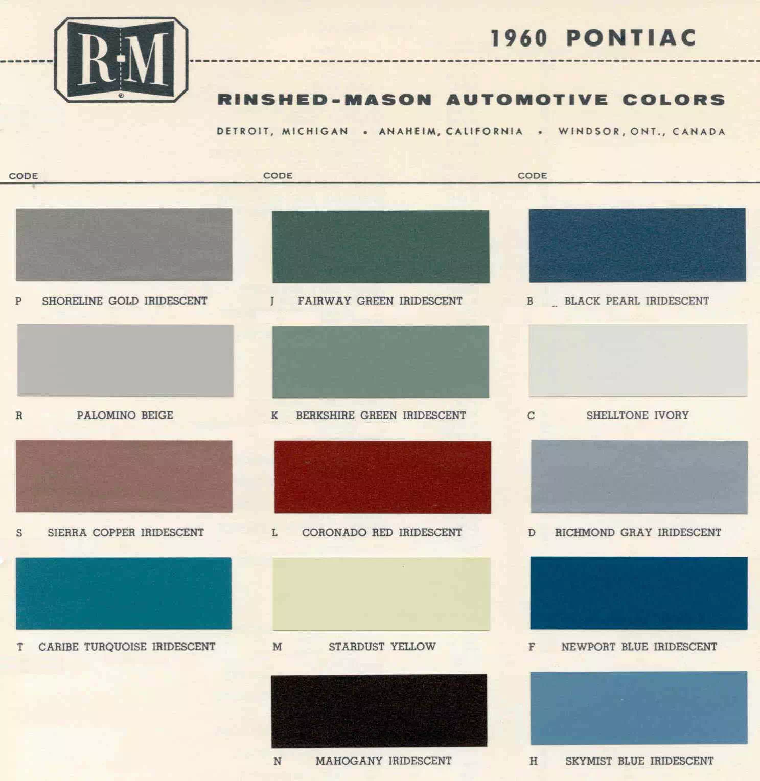 Chart that shows the Colors used on Pontiac Vehicles and the Code to look them up.