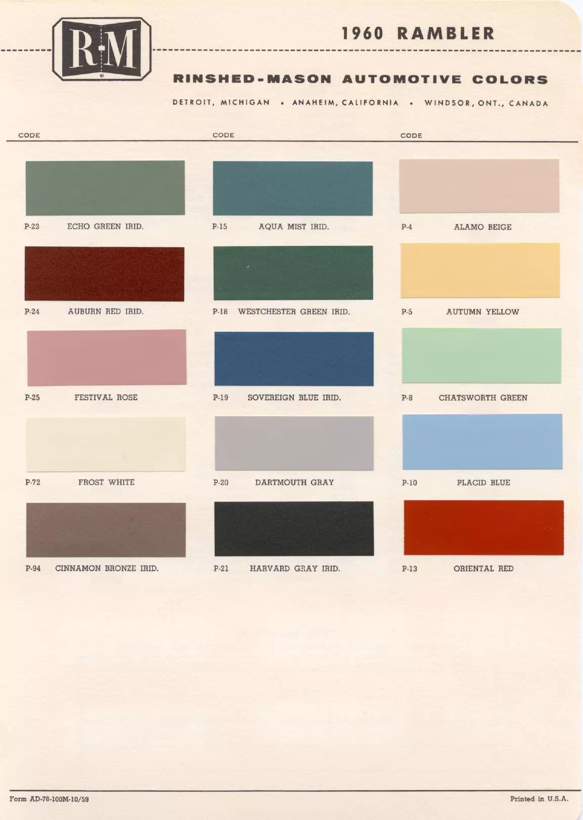 Paint color examples, their ordering codes, the oem color code, and vehicles the color was used on