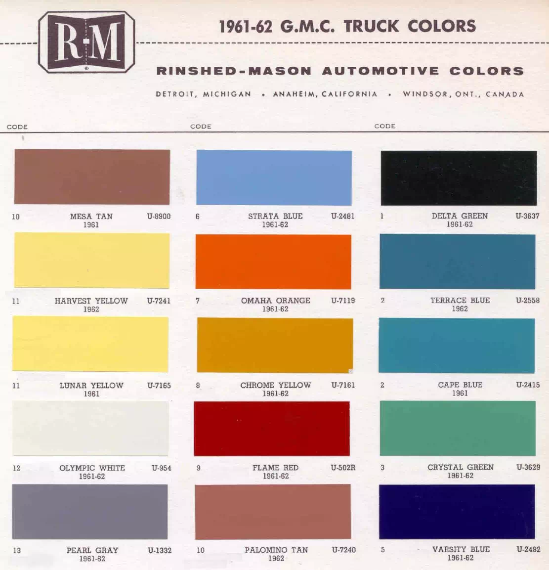 1961 GMC Trucks Paint Codes & Color Chart Paint color examples, their ordering codes, the oem color code, and vehicles the color was used on