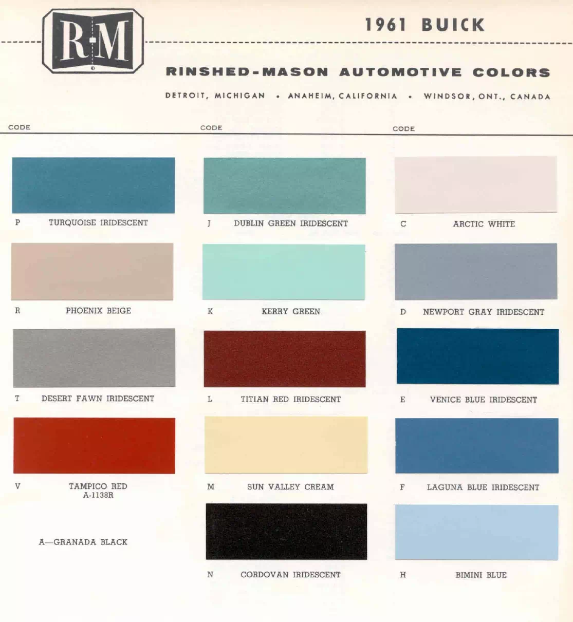 1961 Buick Paint Codes & Color Chart Paint color examples, their ordering codes, the oem color code, and vehicles the color was used on