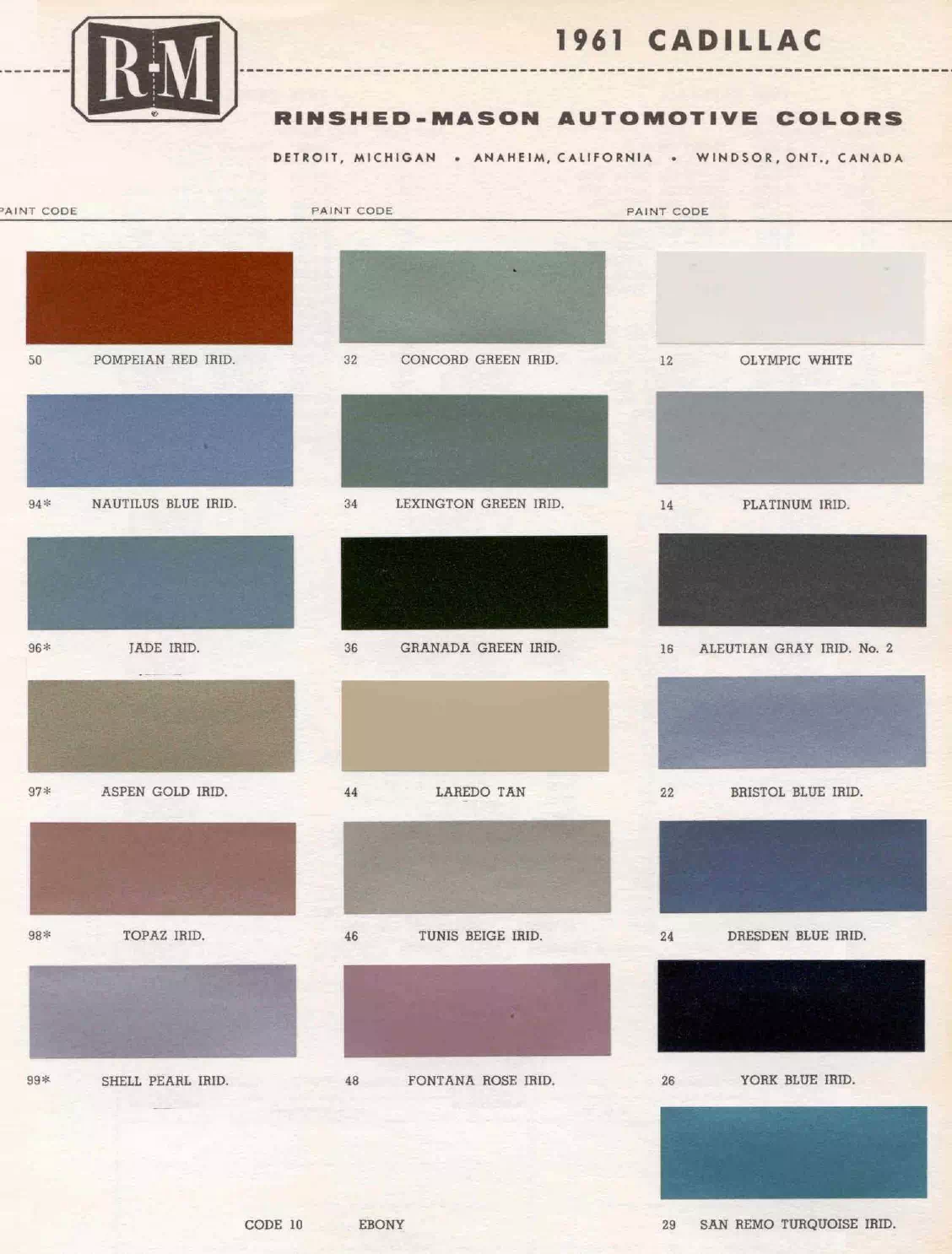 Paint color examples, their ordering codes, the oem color code, and vehicles the color was used on