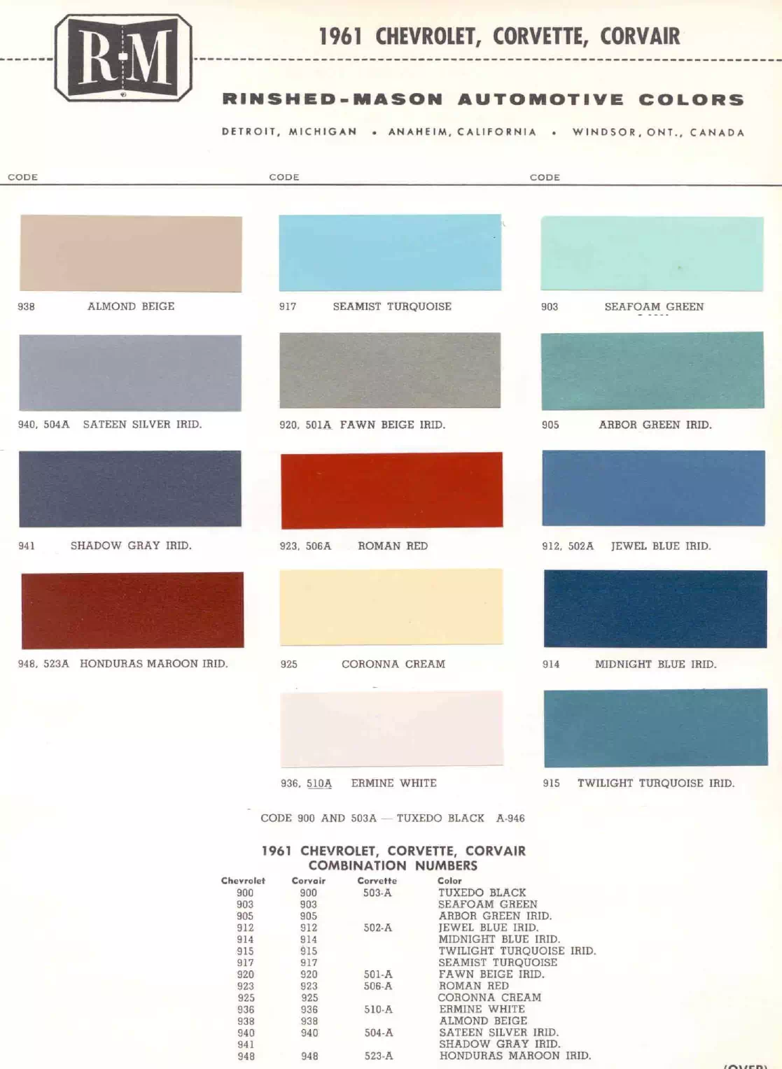 1961 Chevrolet Paint Codes & Color Chart Paint color examples, their ordering codes, the oem color code, and vehicles the color was used on