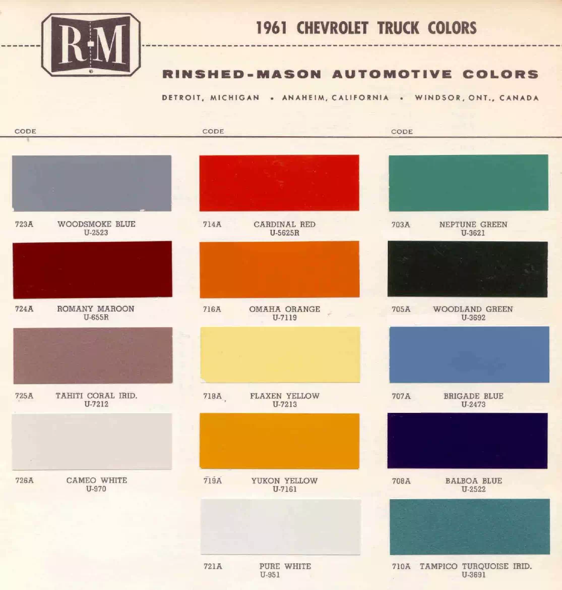 1961 Chevrolet Trucks Paint Codes & Color Chart Paint color examples, their ordering codes, the oem color code, and vehicles the color was used on