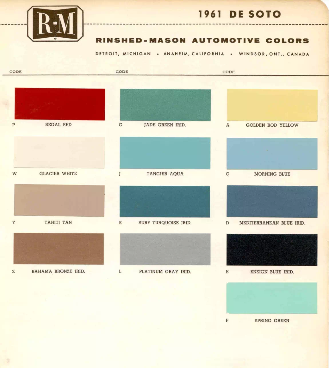 1961 DeSoto Paint Codes & Color Chart Paint color examples, their ordering codes, the oem color code, and vehicles the color was used on