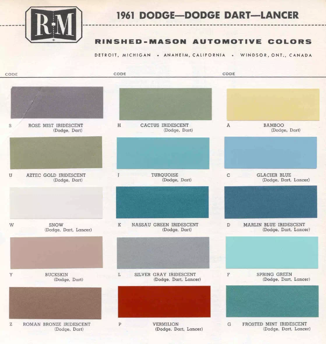 1961 Dodge Paint Codes & Color Chart Paint color examples, their ordering codes, the oem color code, and vehicles the color was used on