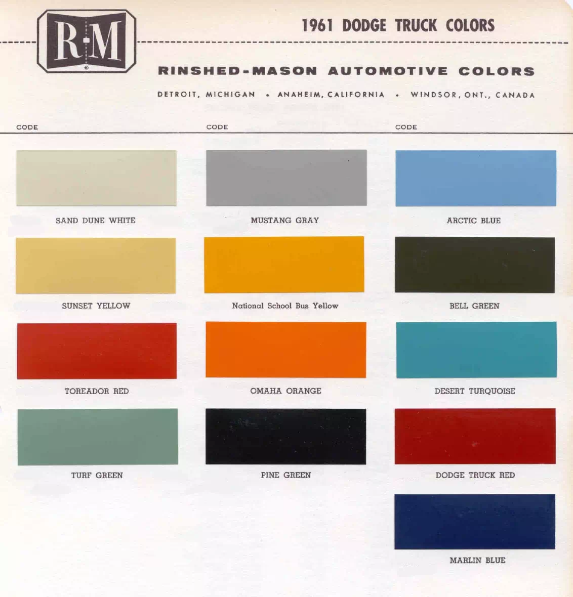 1961 Dodge Truck Paint Codes & Color Chart Paint color examples, their ordering codes, the oem color code, and vehicles the color was used on