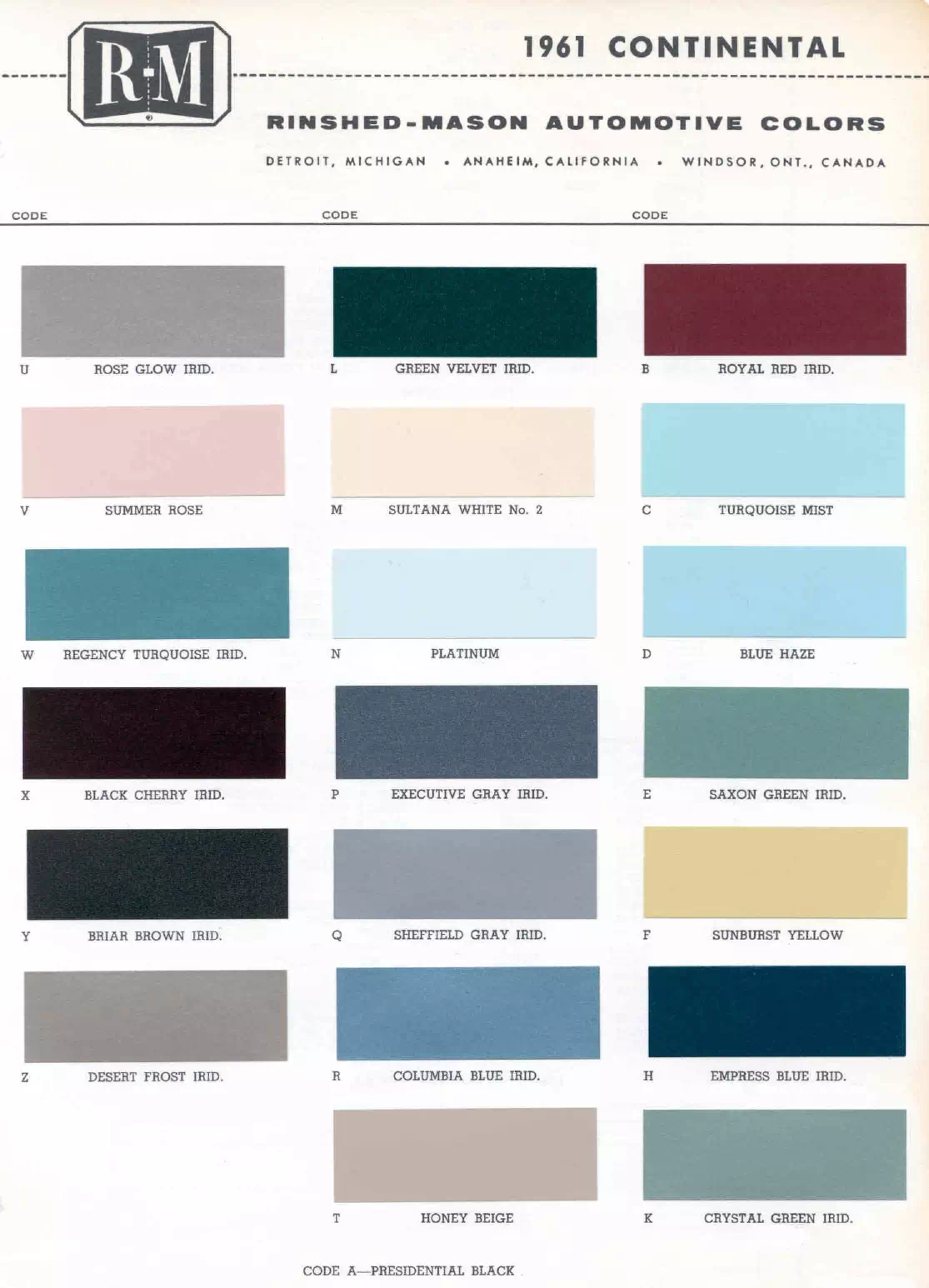 1961 Lincoln Paint Codes & Color Chart Paint color examples, their ordering codes, the oem color code, and vehicles the color was used on
