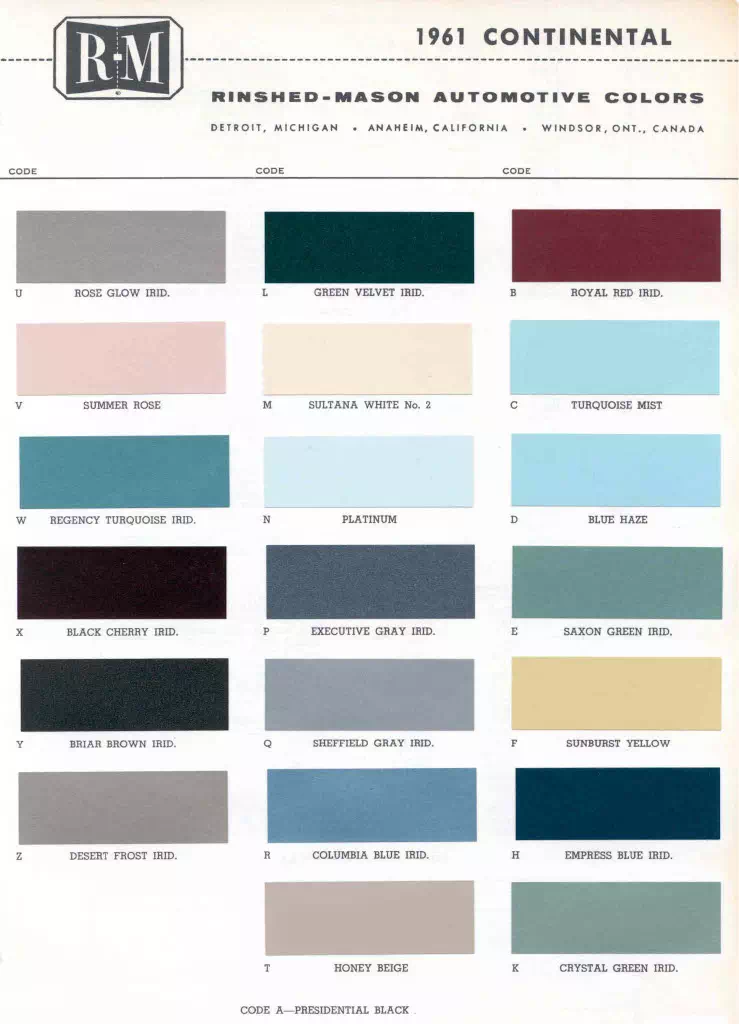 1961 Lincoln Paint Codes & Color Chart Color examples, Ordering Codes, OEM Paint Code, Color Swatches, and Color Names for the Ford Motor Company in 1961