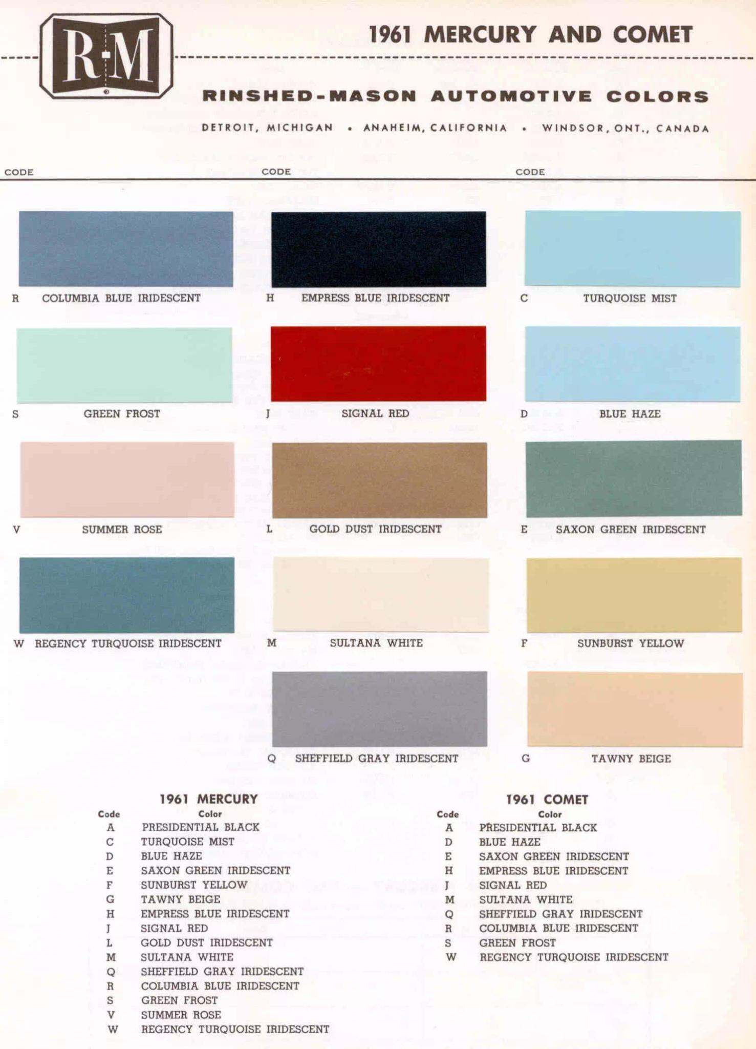 1961 Mercury Paint Codes & Color Chart Color examples, Ordering Codes, OEM Paint Code, Color Swatches, and Color Names for the Ford Motor Company in 1961