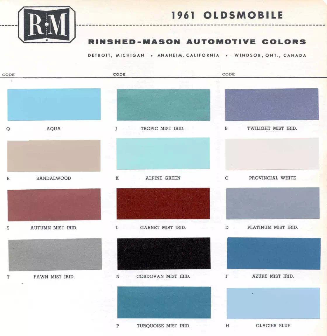 colors and color codes showing the ordering coded for  oldsmobile vehicles