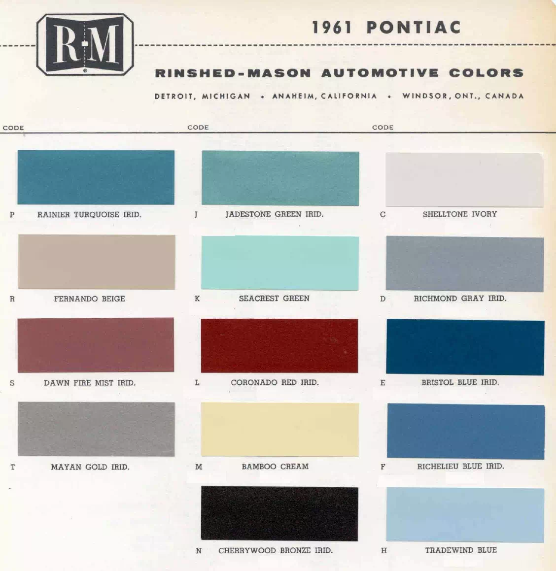 1961 Pontiac Paint Codes & Color Chart Paint color examples, their ordering codes, the oem color code, and vehicles the color was used on