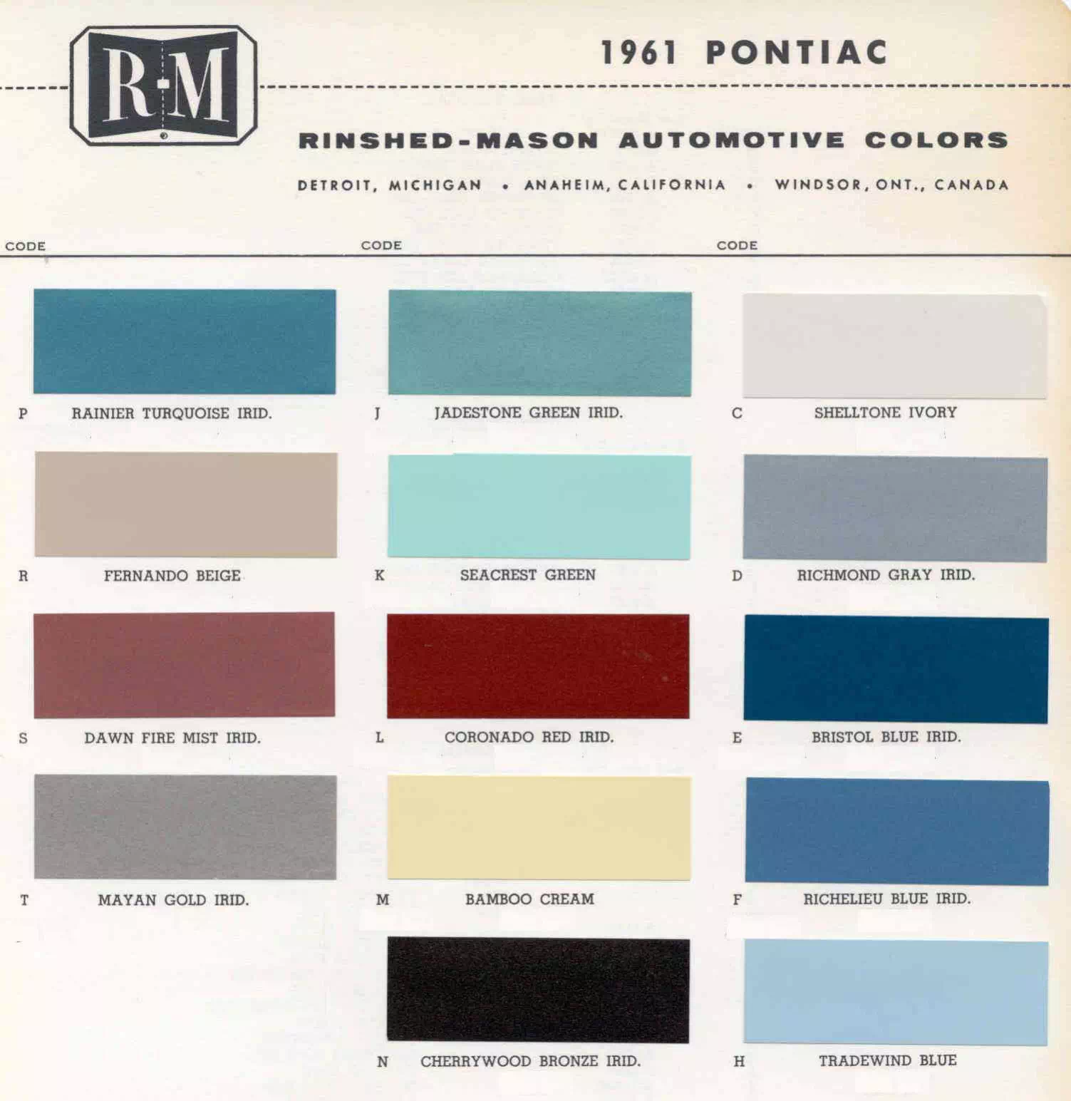 Chart that shows the Colors used on Pontiac Vehicles and the Code to look them up.