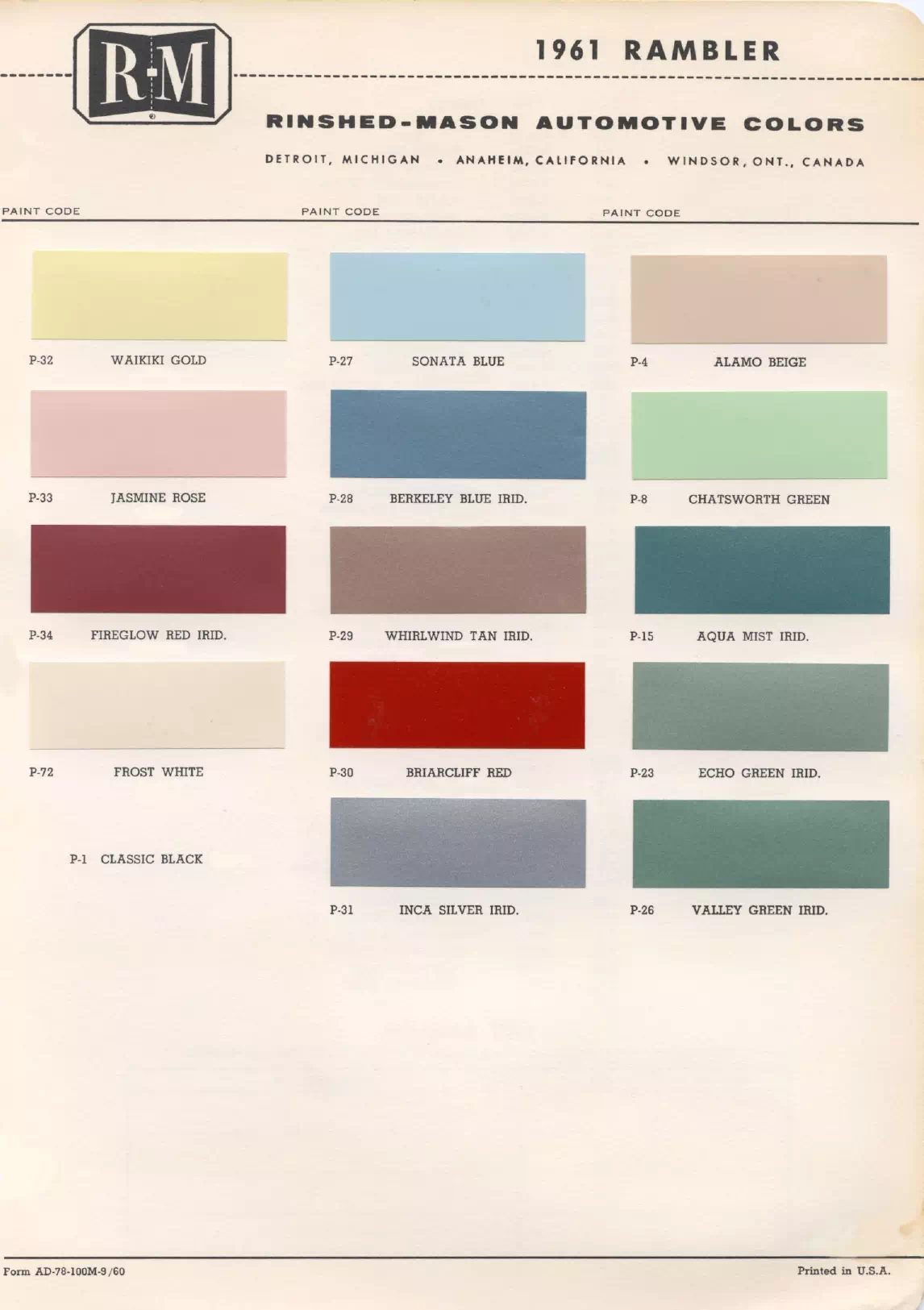 1961 Rambler Paint Codes & Color Chart Paint color examples, their ordering codes, the oem color code, and vehicles the color was used on