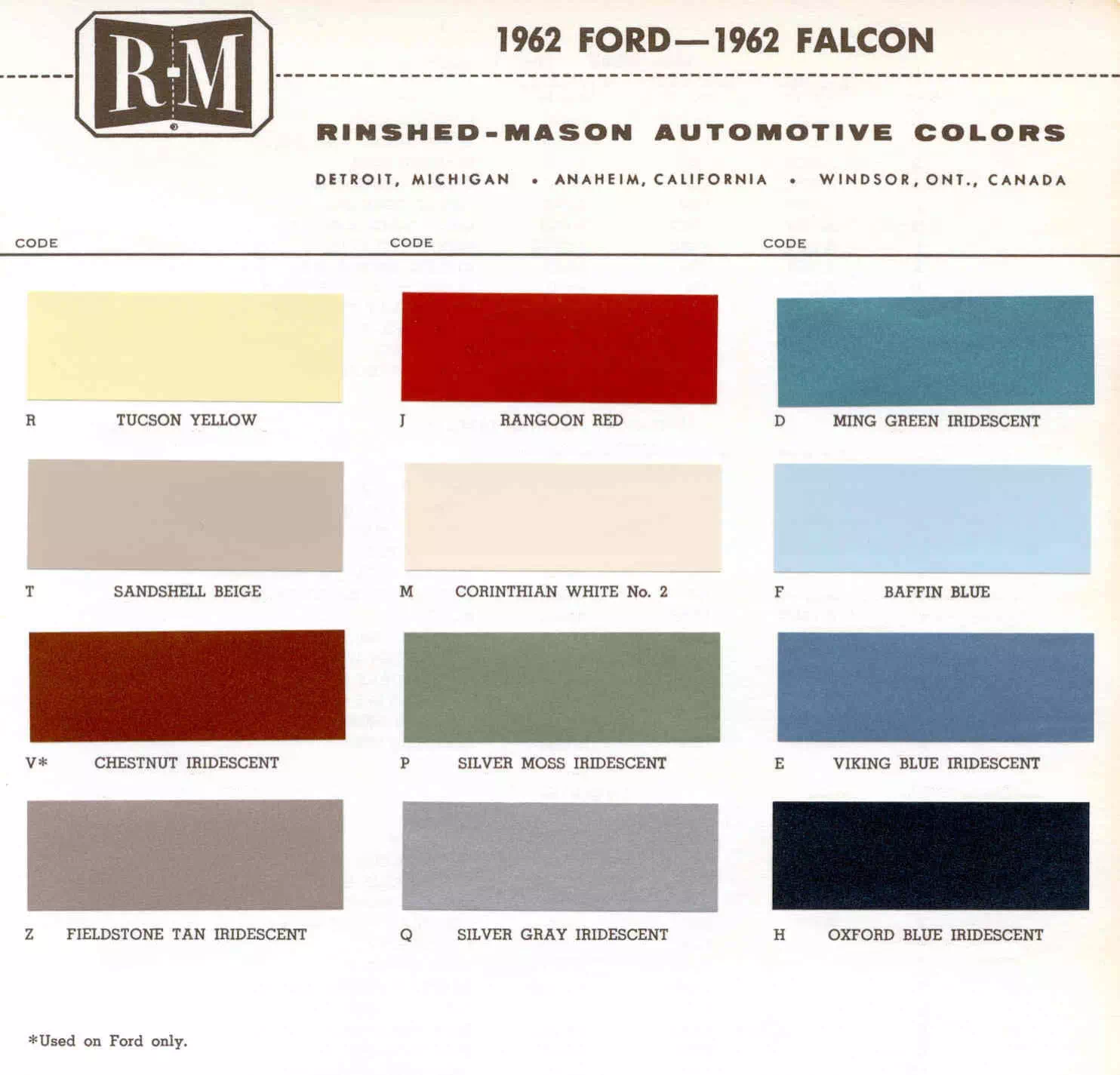 Color examples, Ordering Codes, OEM Paint Code, Color Swatches, and Color Names for the Ford Motor Company in 1962