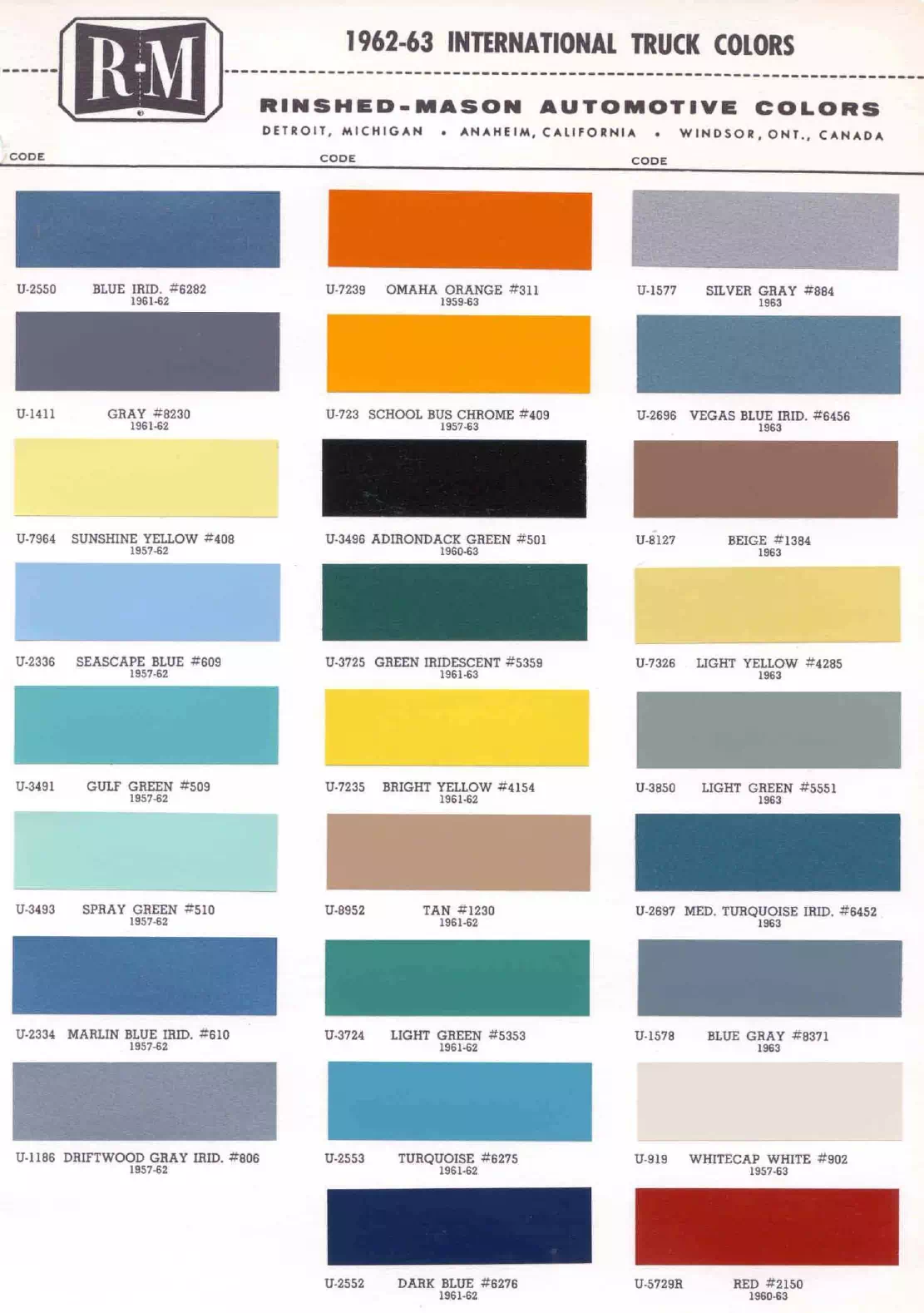 Paint color examples, their ordering codes, the oem color code, and vehicles the color was used on