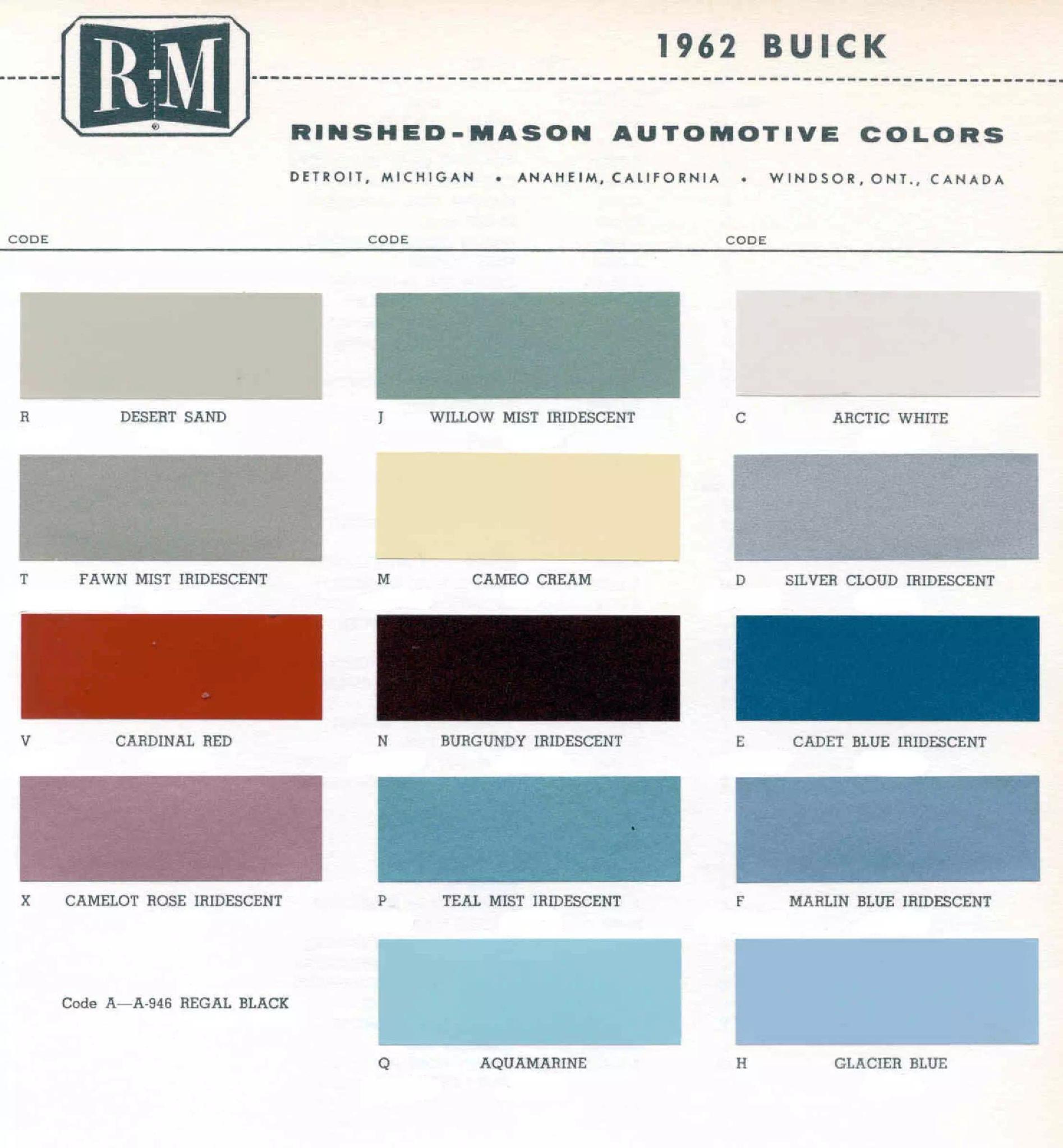 1962 Buick Paint Chart Buick color chart that contains color codes and paint swatches for the exterior color of a Buick vehicle.