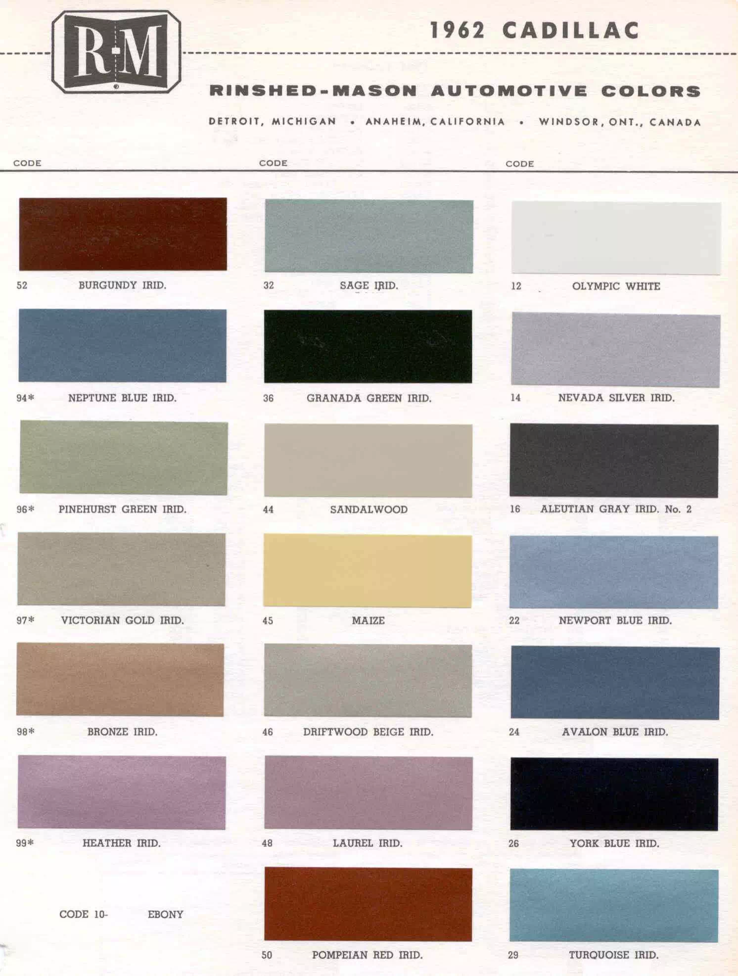 Color Examples and their codes for Cadillac Vehicles