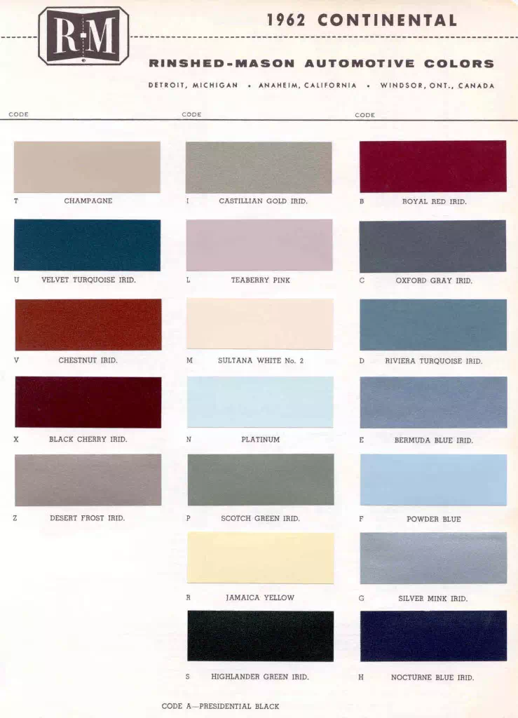 1962 Lincoln Paint Codes & Color Chart Color examples, Ordering Codes, OEM Paint Code, Color Swatches, and Color Names for the Ford Motor Company in 1962
