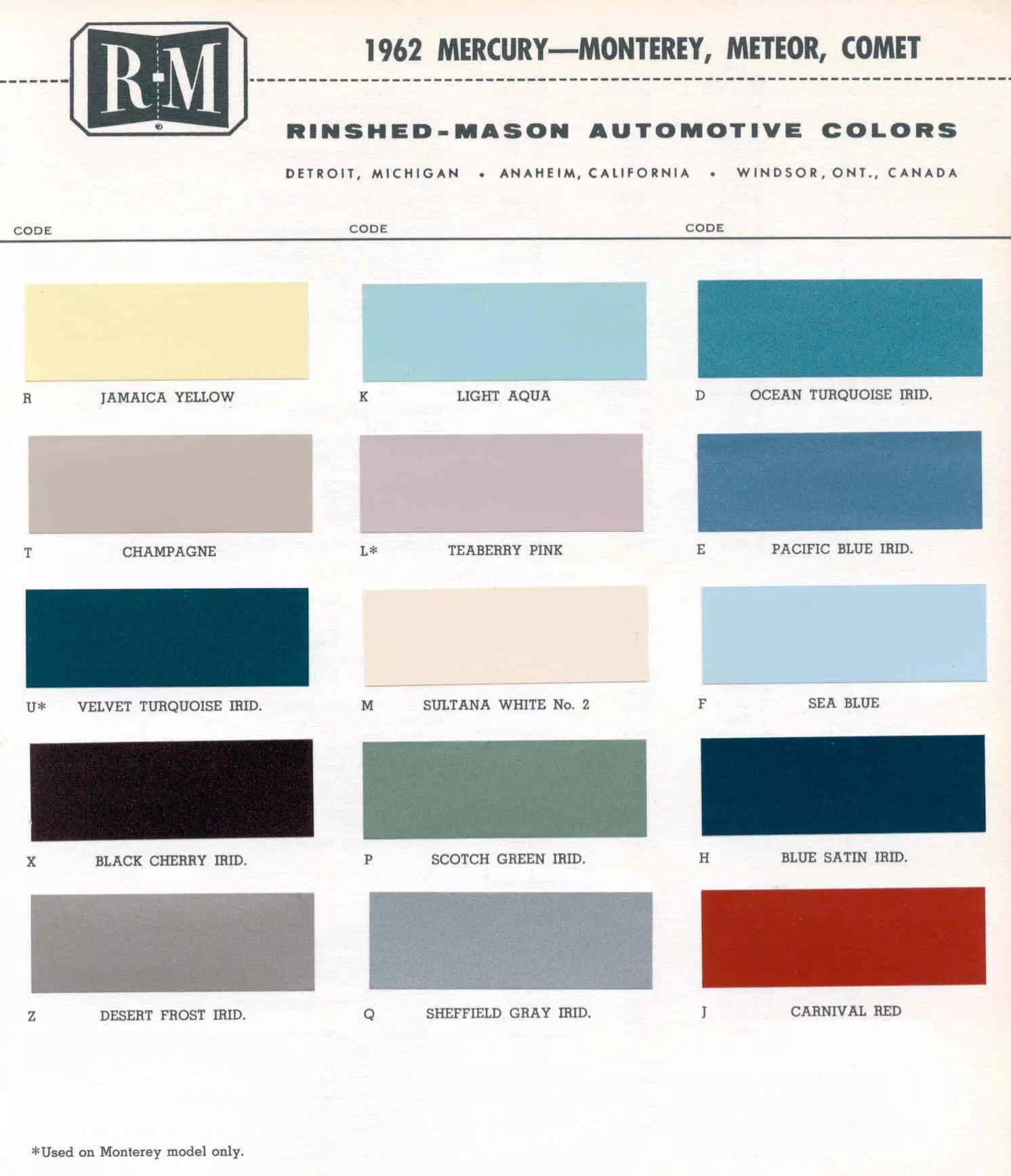 1962 Mercury Paint Codes & Color Chart Color examples, Ordering Codes, OEM Paint Code, Color Swatches, and Color Names for the Ford Motor Company in 1962